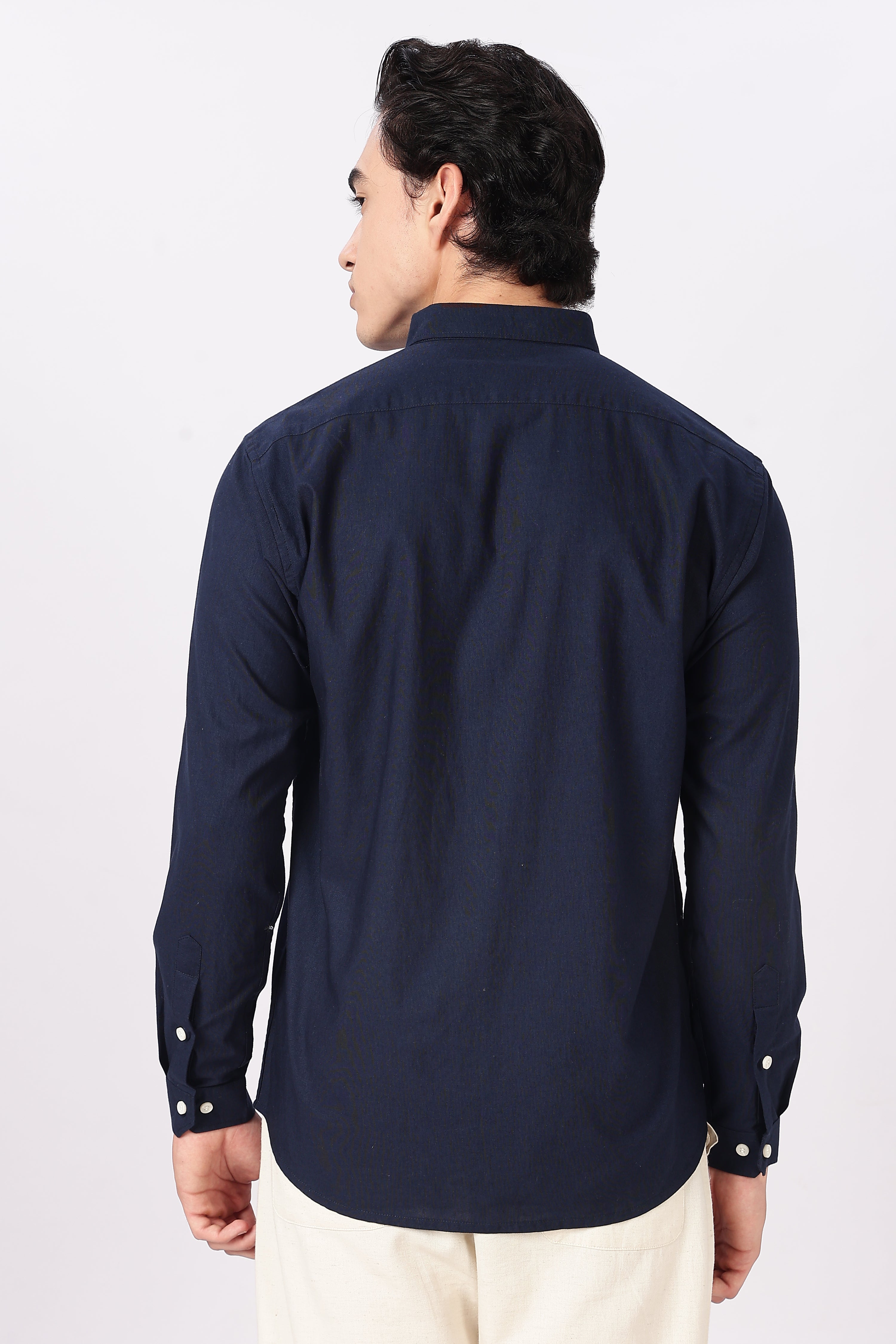 Midnight Postcard Cotton Regular Fit Navy Embroidered Shirt