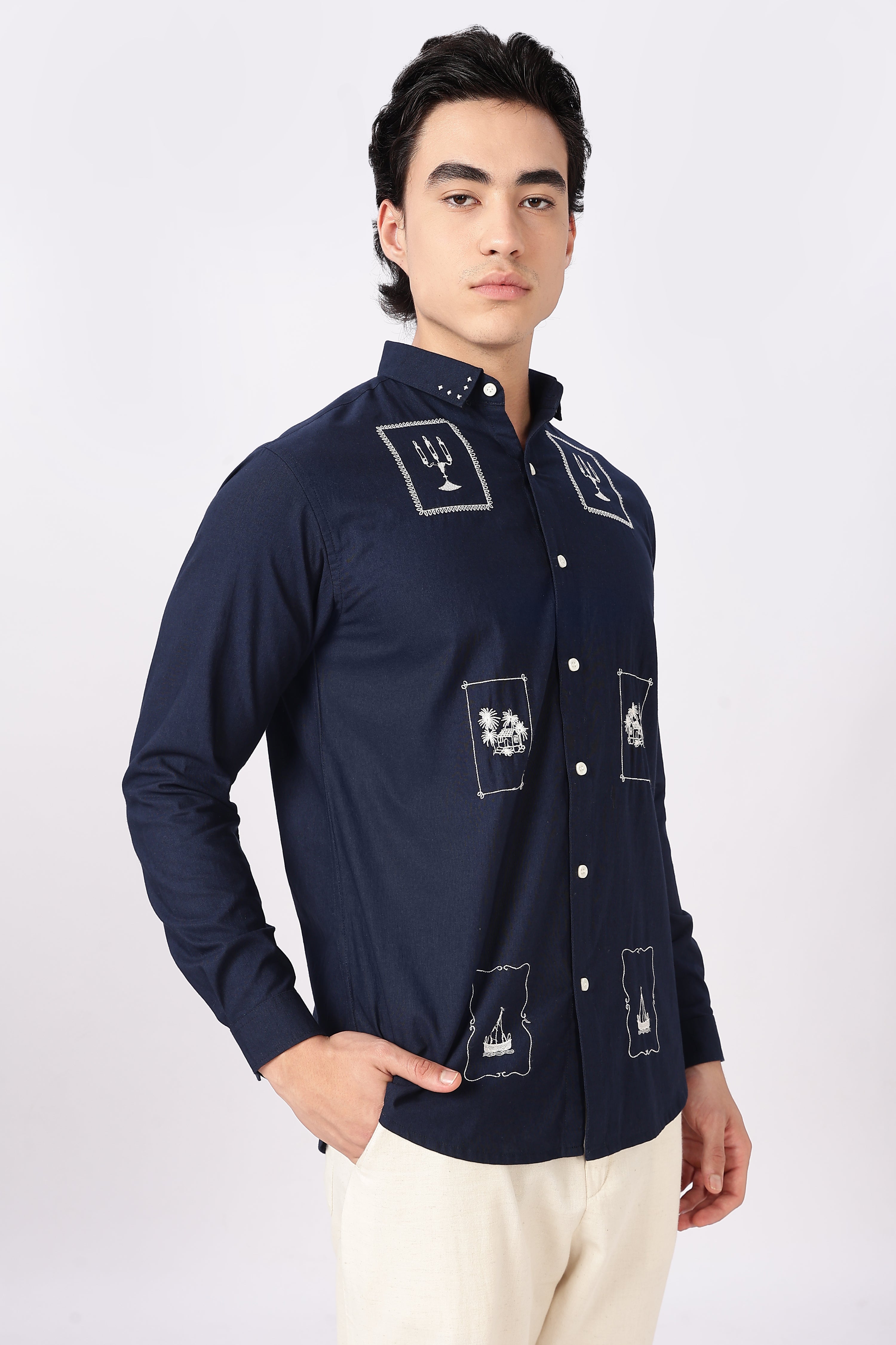 Midnight Postcard Cotton Regular Fit Navy Embroidered Shirt