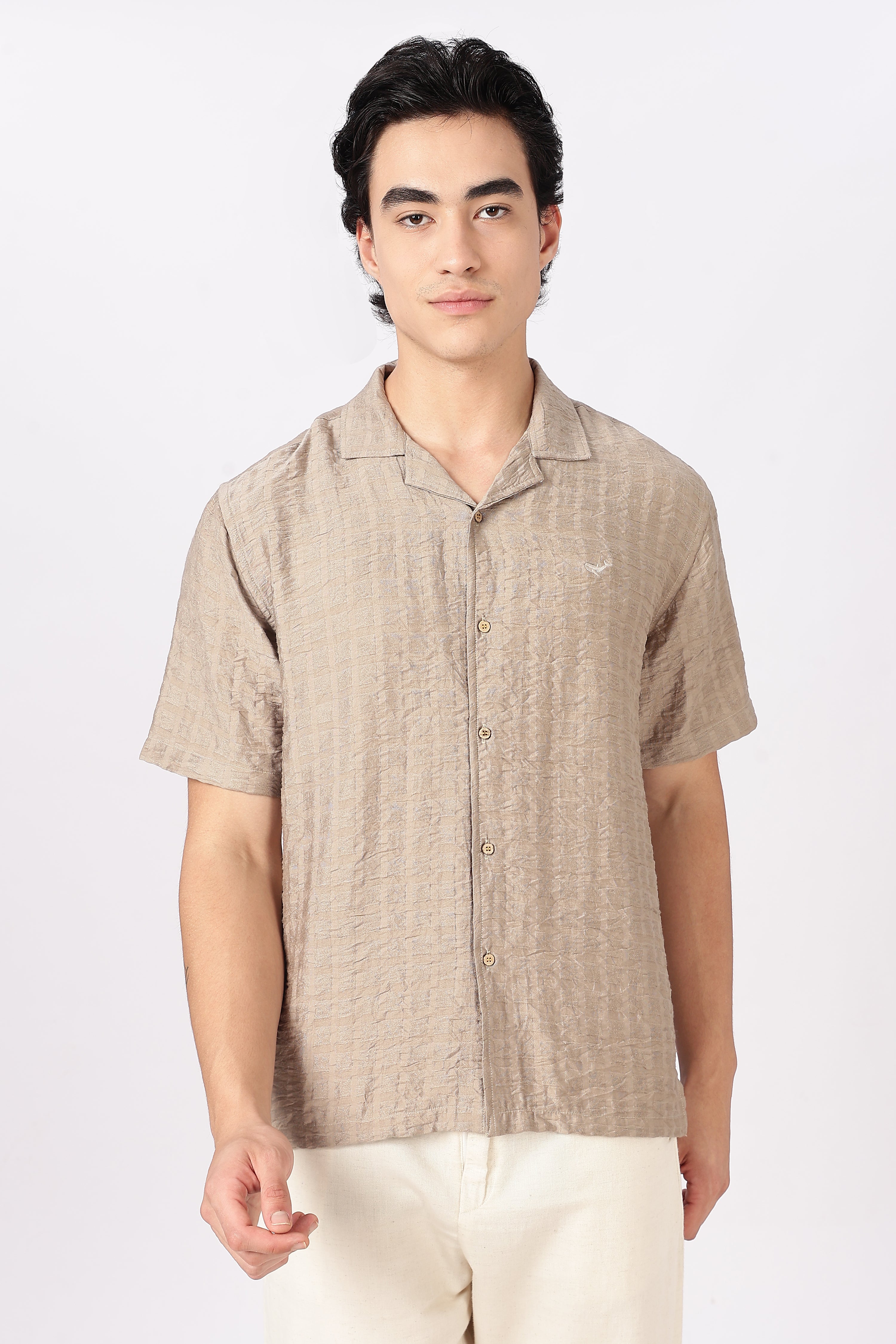 Beige Textured Cuban Collar Shirt