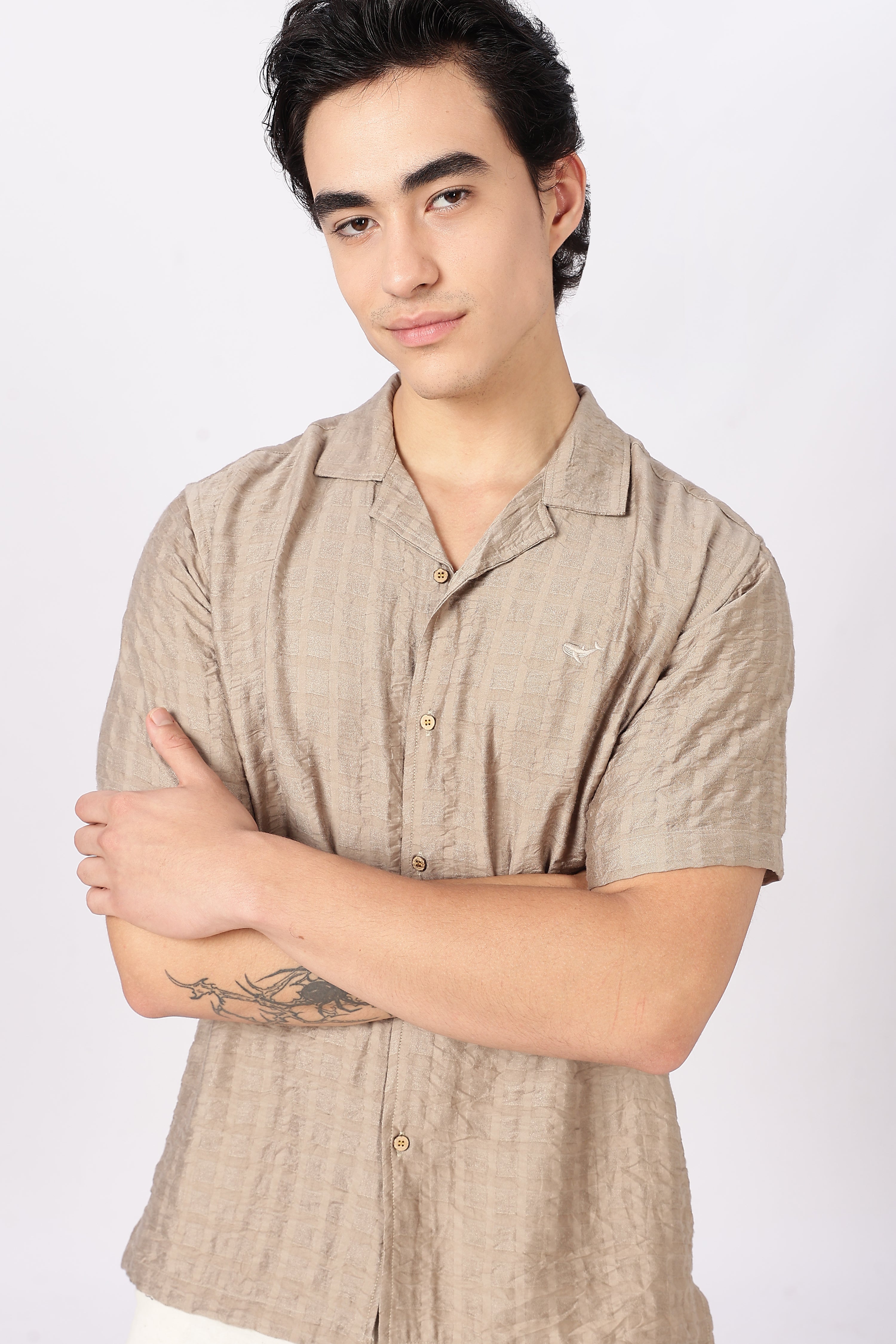 Beige Textured Cuban Collar Shirt