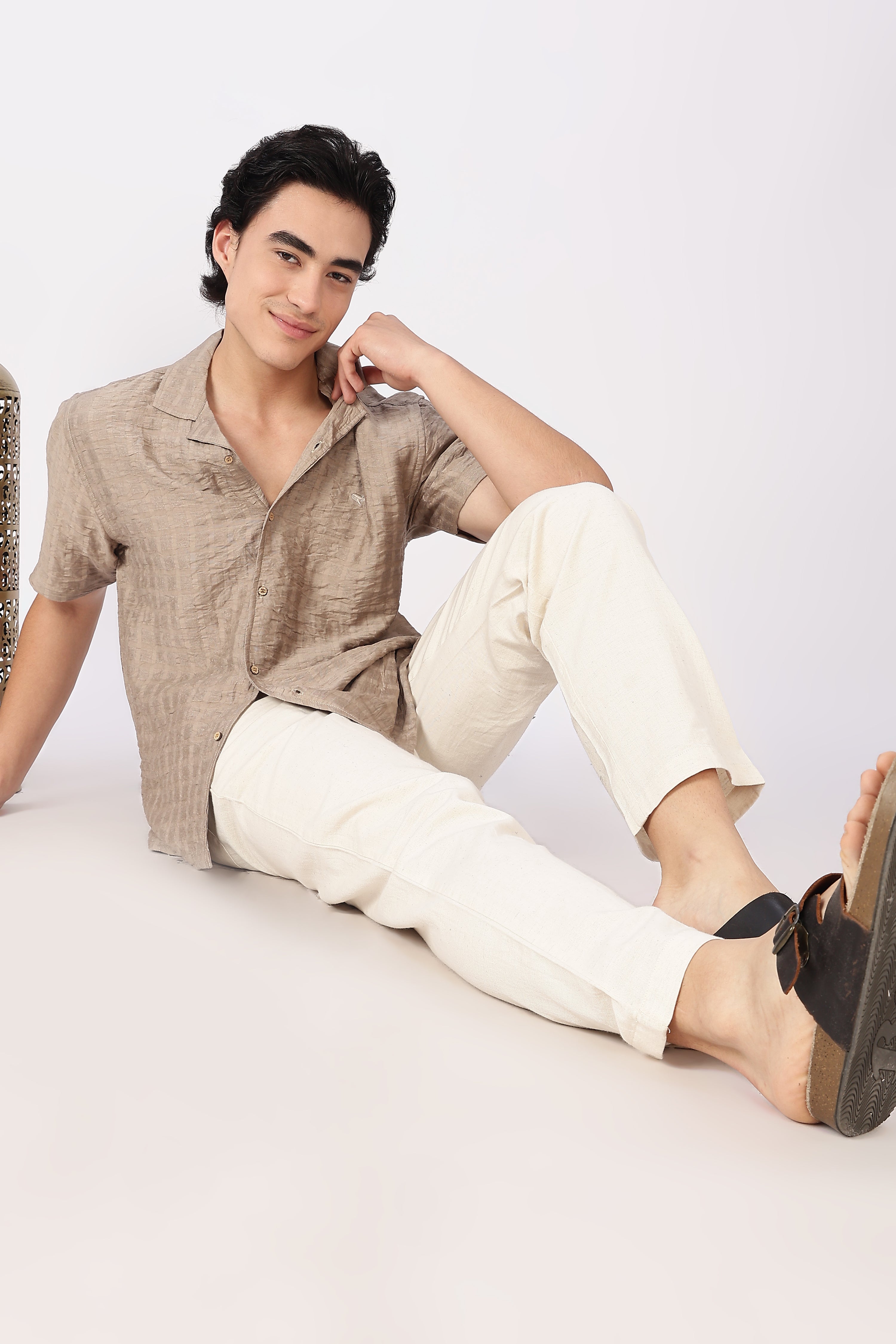 Beige Textured Cuban Collar Shirt