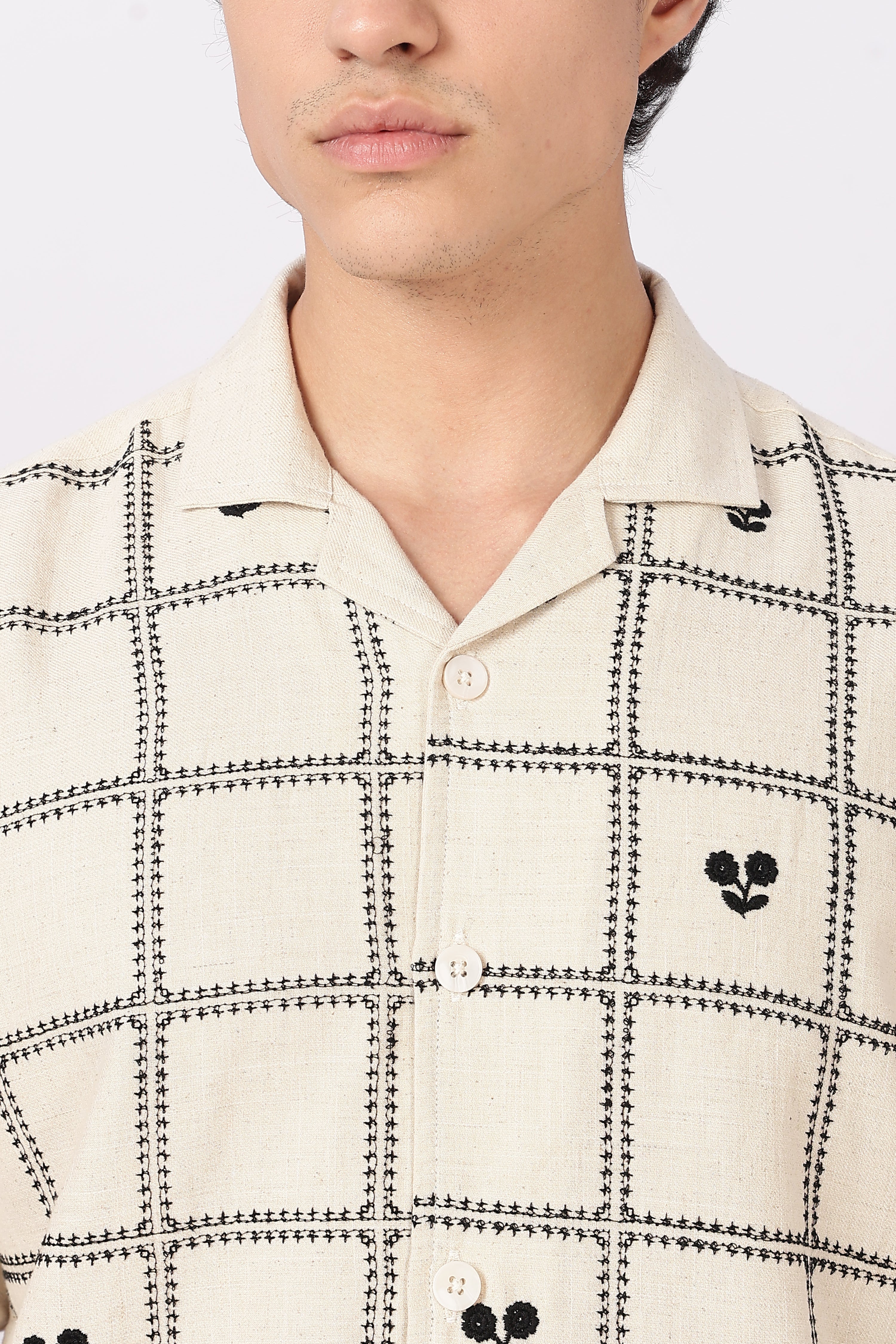 Craftline Cotton Box Fit Beige Embroidered Shirt