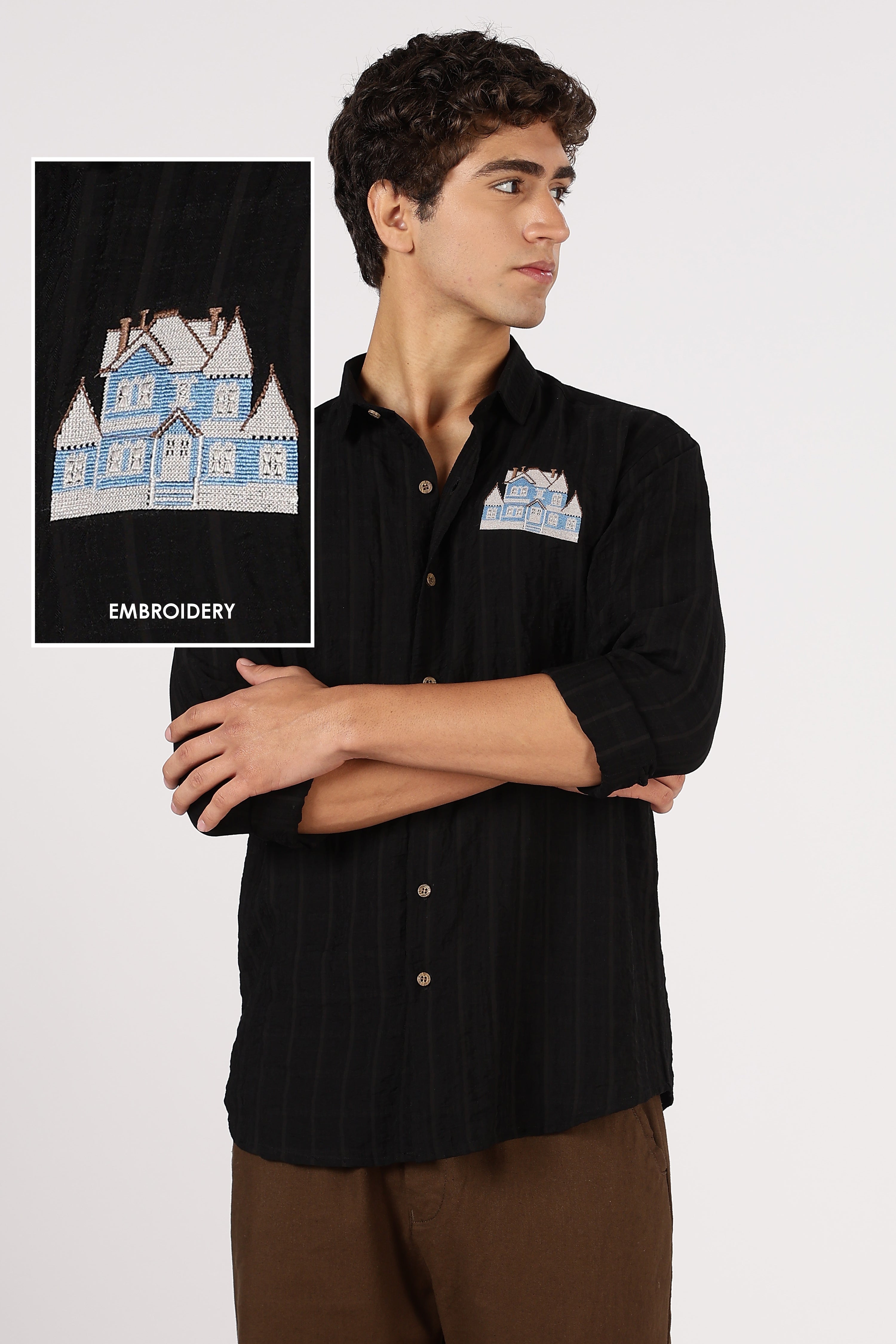 Midnight Manor Cotton Regular Fit Black Embroidered Shirt