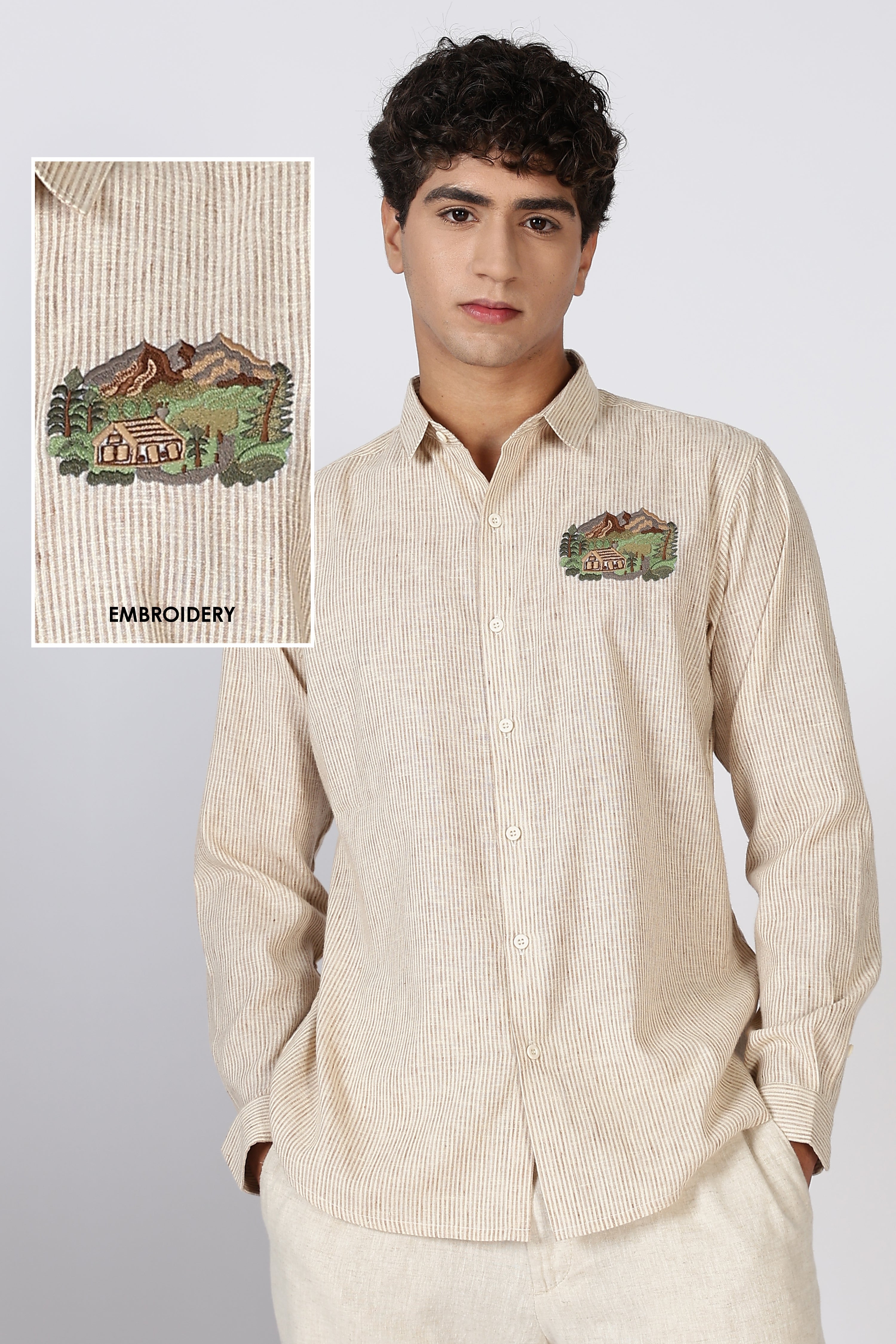 Rustic Haven Mountain Embroidered Striped Shirt