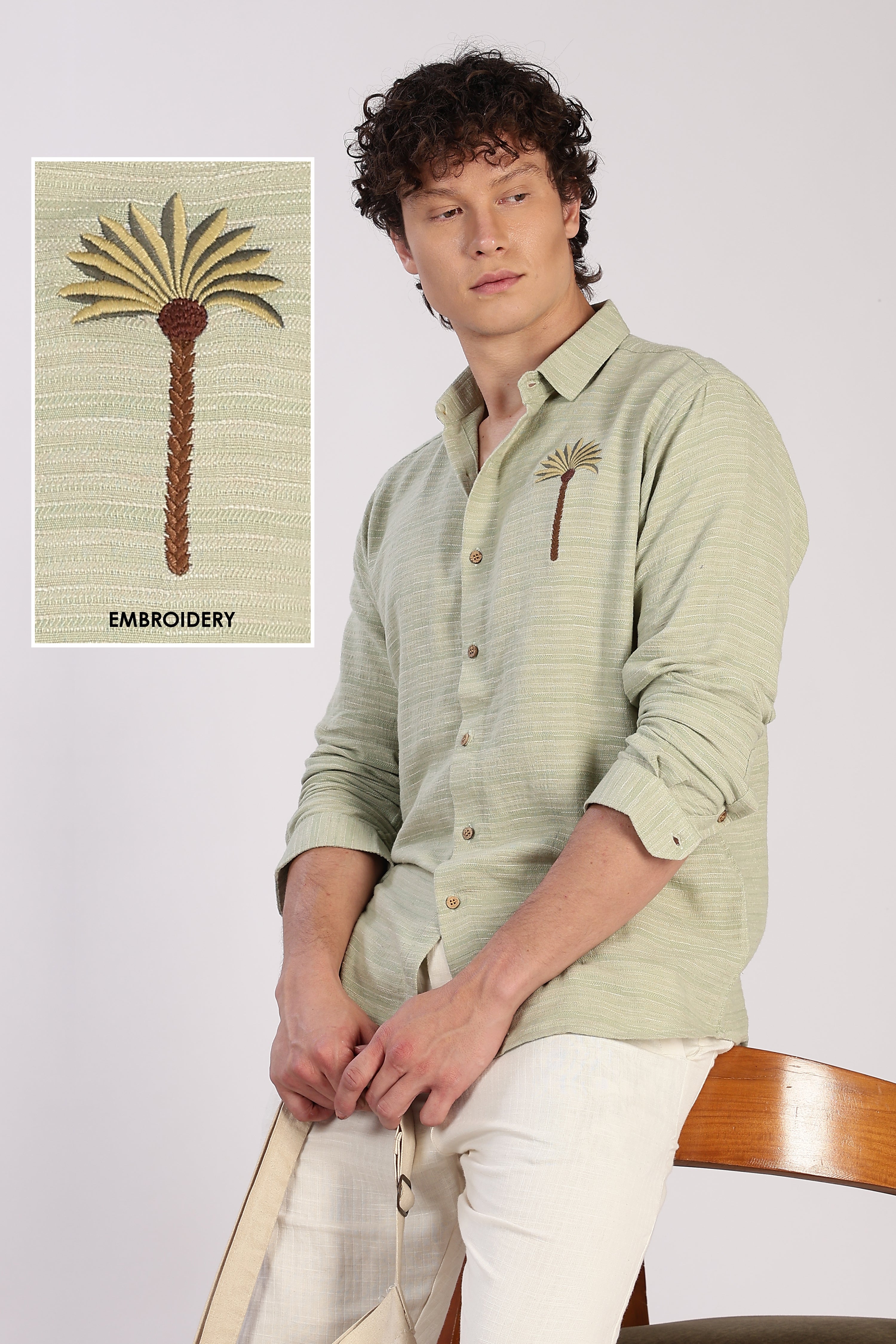 Palm Crest Cotton Regular Fit Sage Green Striped Shirt