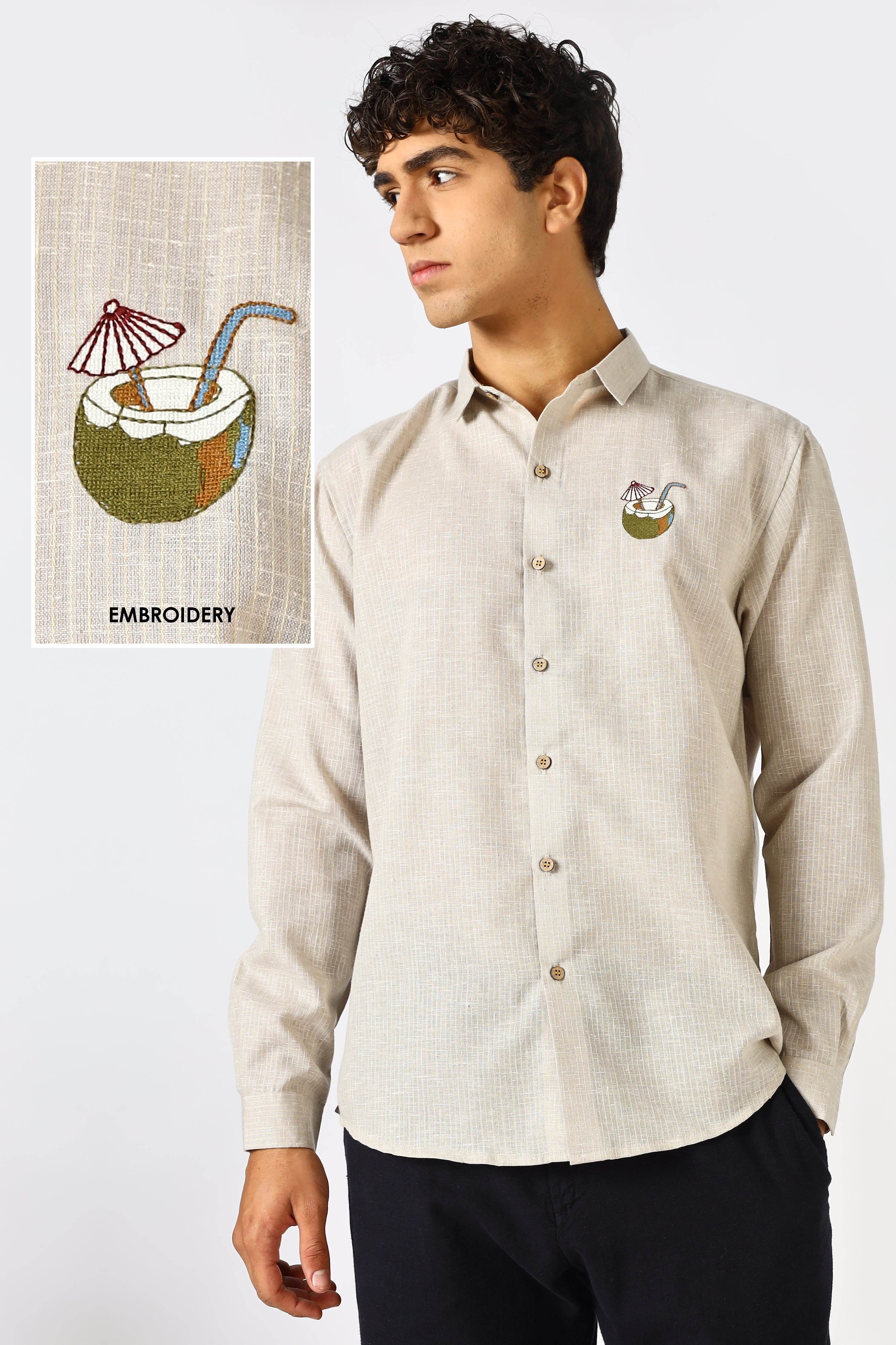 Coconut Life 100% Cotton Regular Fit Brown Embroidered Shirt