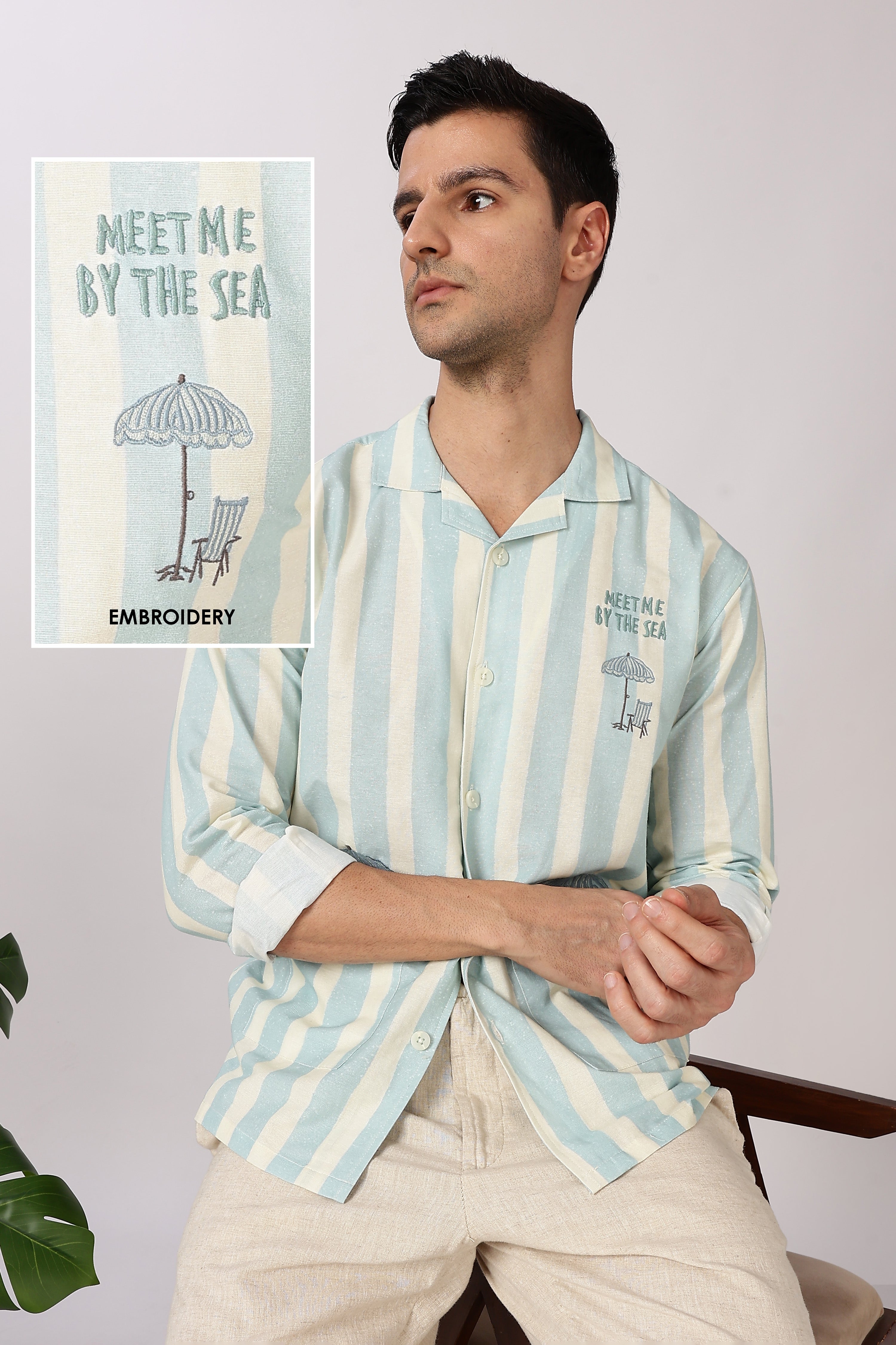 Seaside Meet Cotton Box Fit Mint Green Embroidered Shirt
