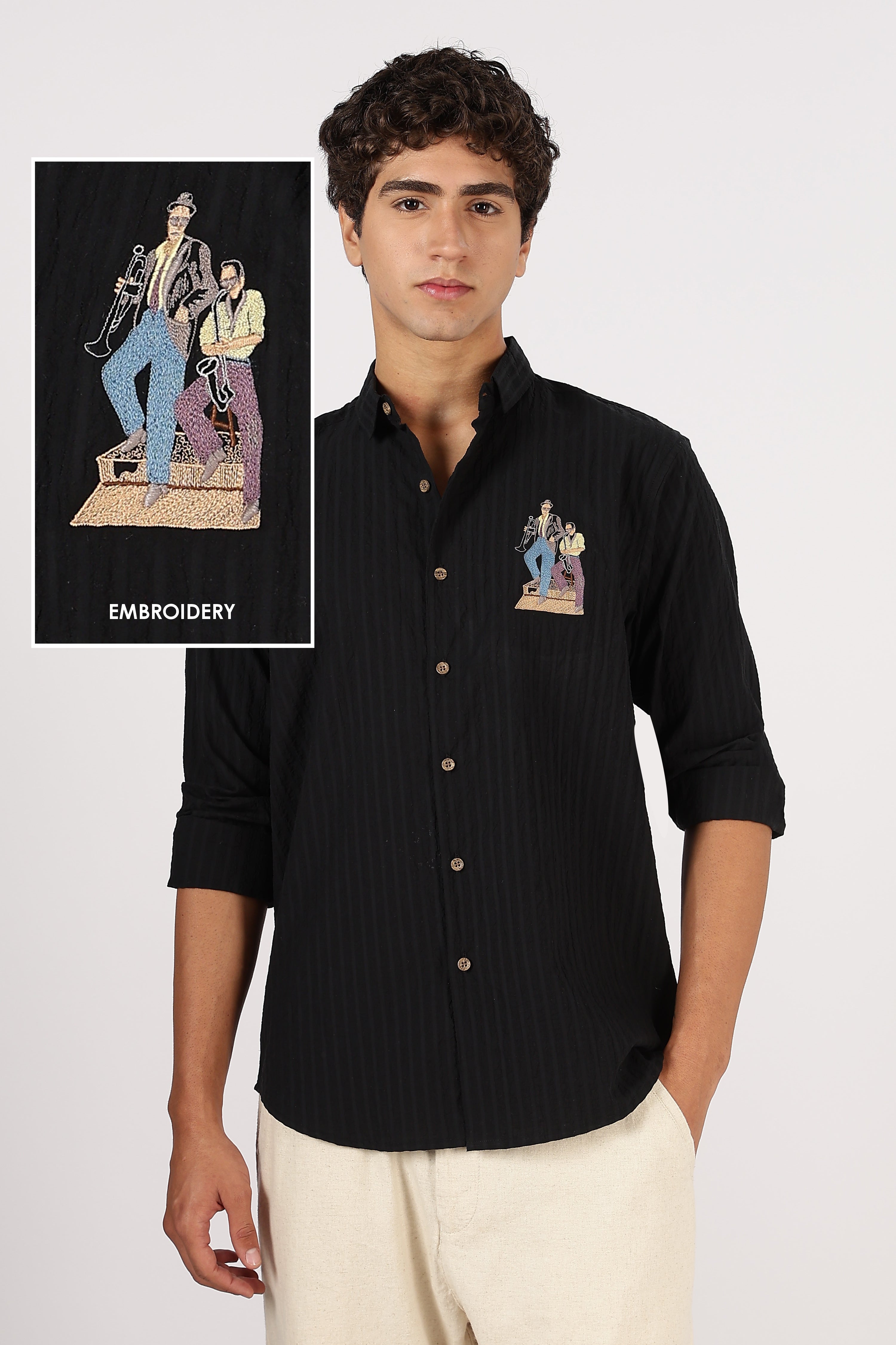 Midnight Jazz Cotton Regular Fit Black Striped Shirt