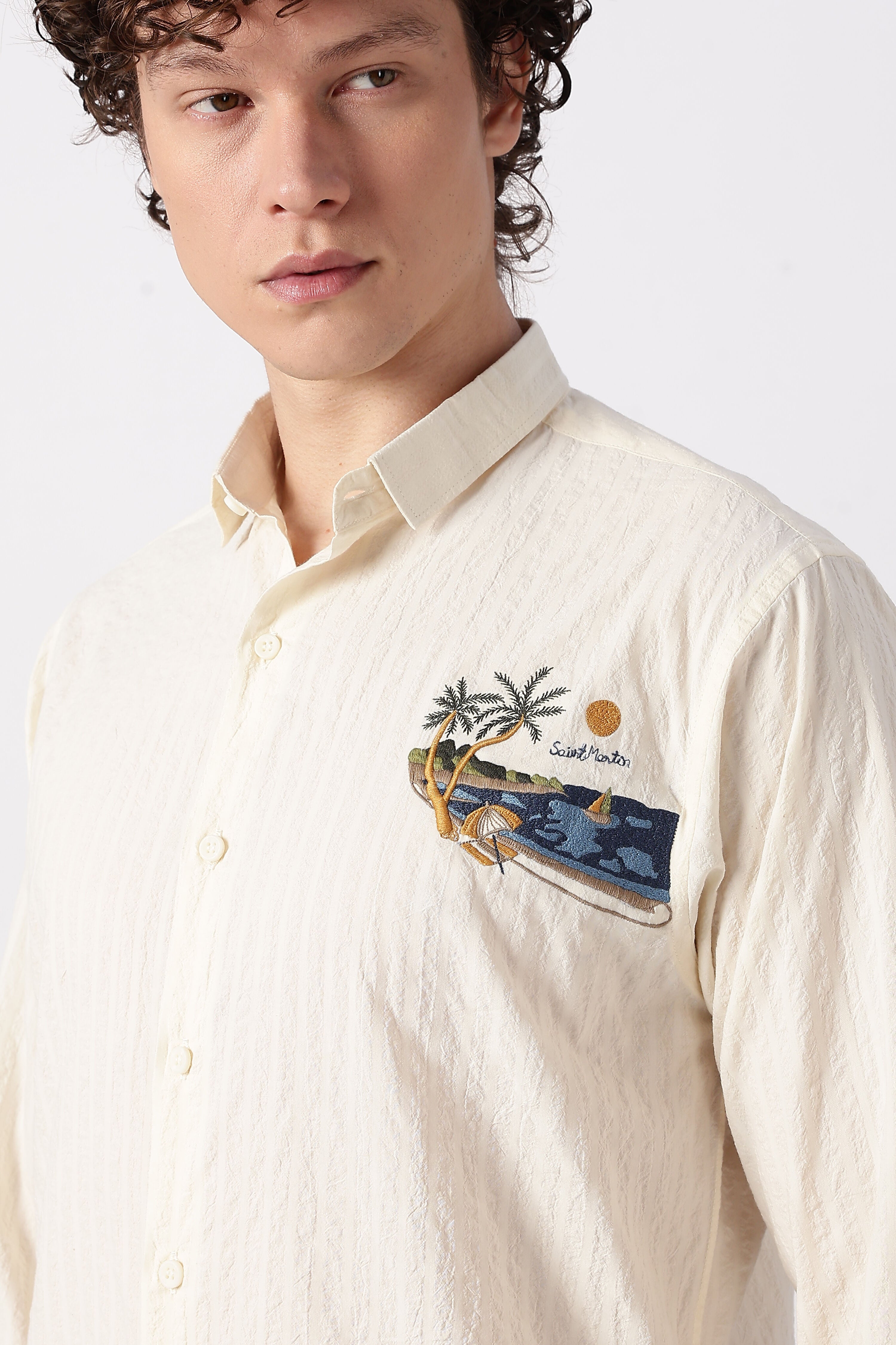 Seaside Postcard Cotton Regular Fit Cream Striped Shirt