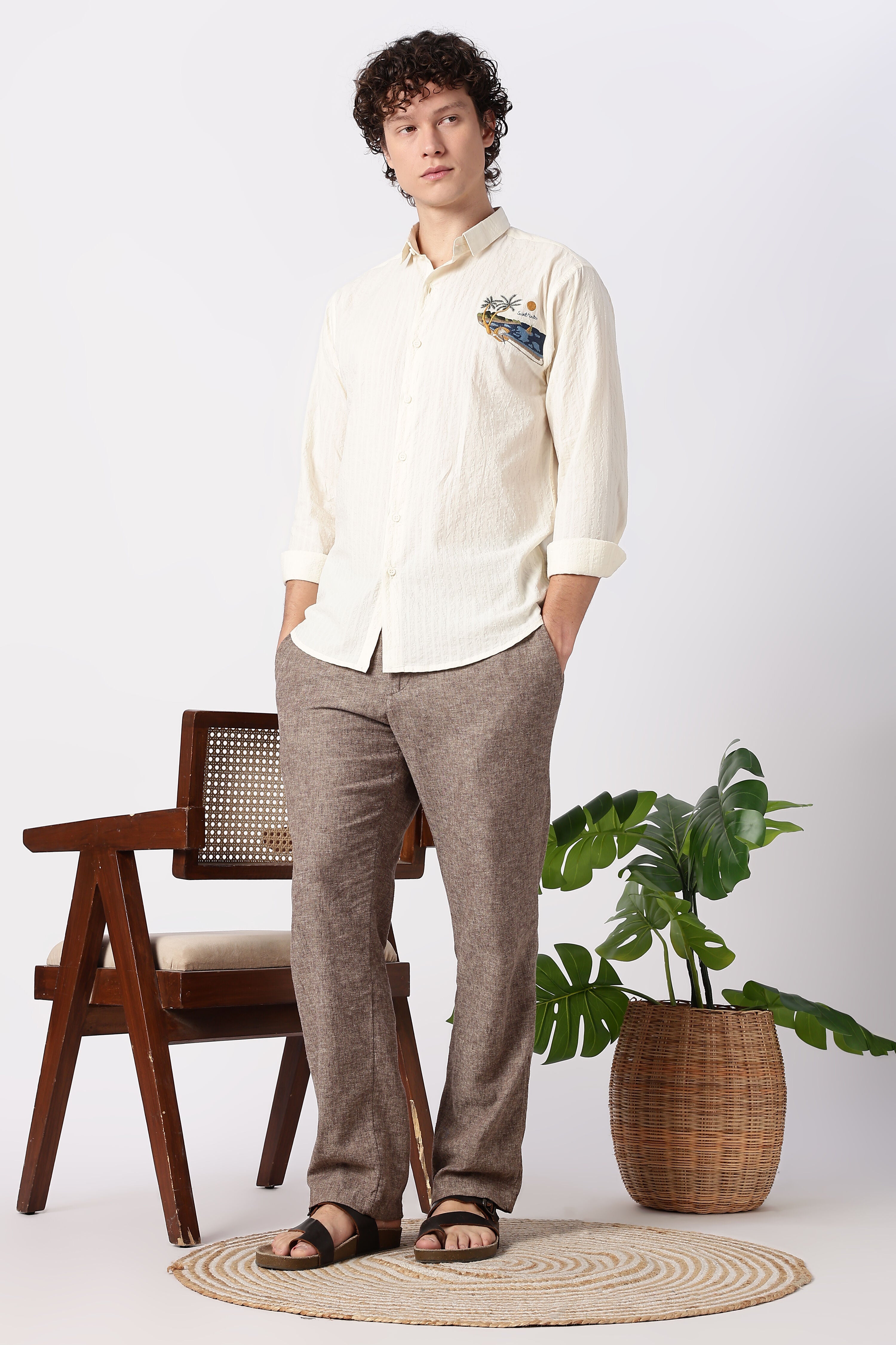 Seaside Postcard Cotton Regular Fit Cream Striped Shirt