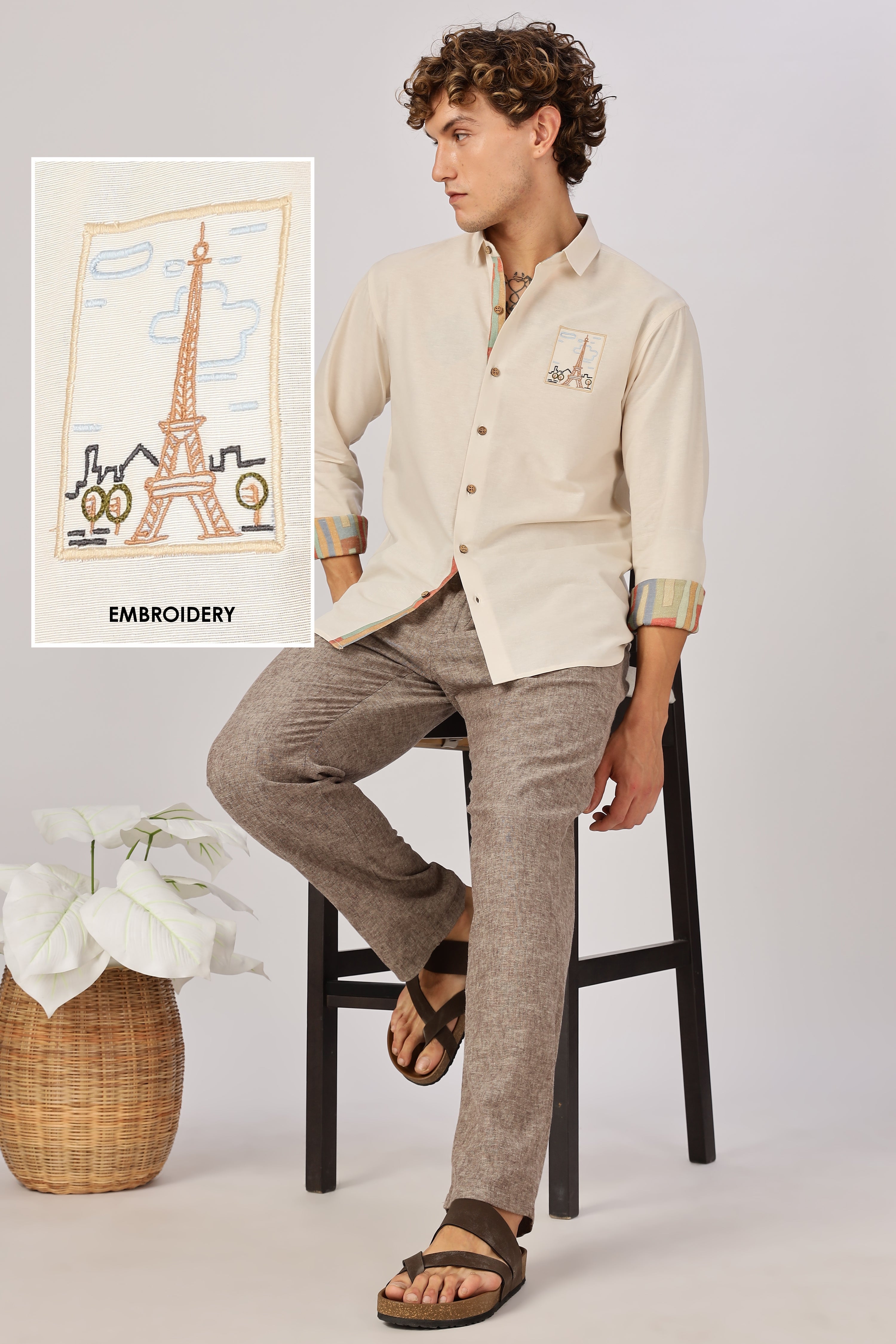 Paris Postcard Cotton Regular Fit Beige Embroidered Shirt