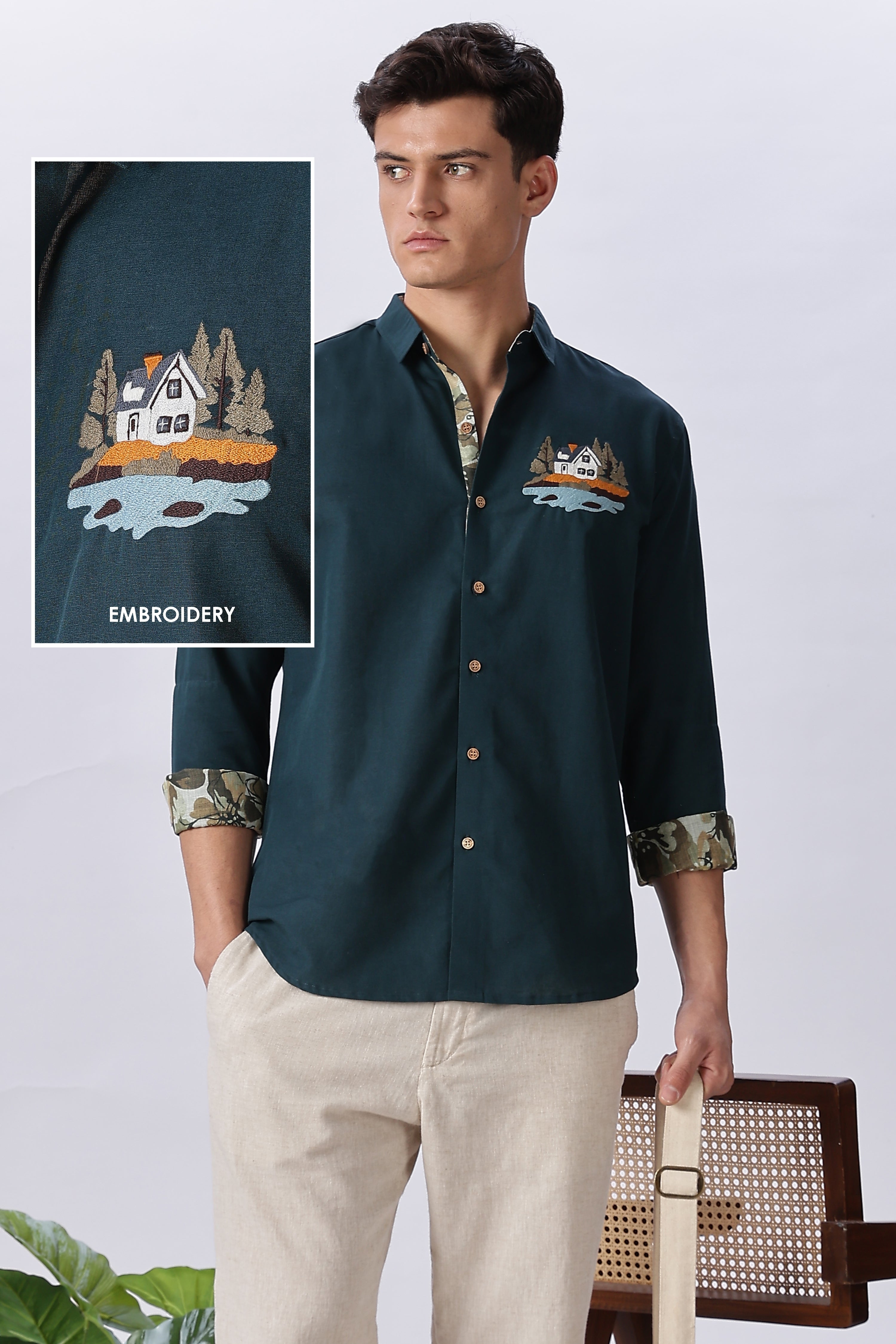 Lakeside Forest Cabin Embroidered Cotton Shirt