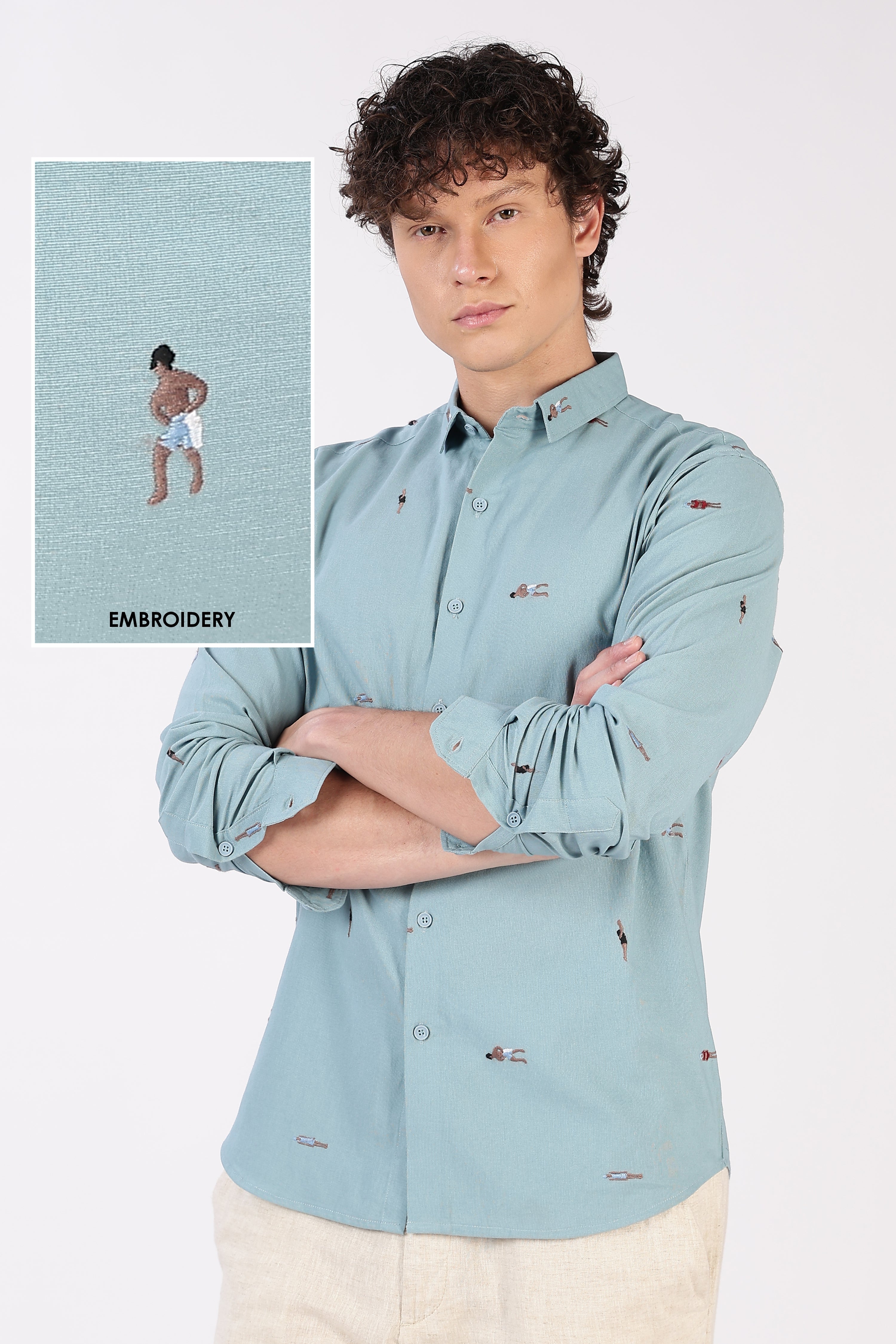 Aqua Beach Motif Cotton Regular Fit Sky Blue Embroidered Shirt