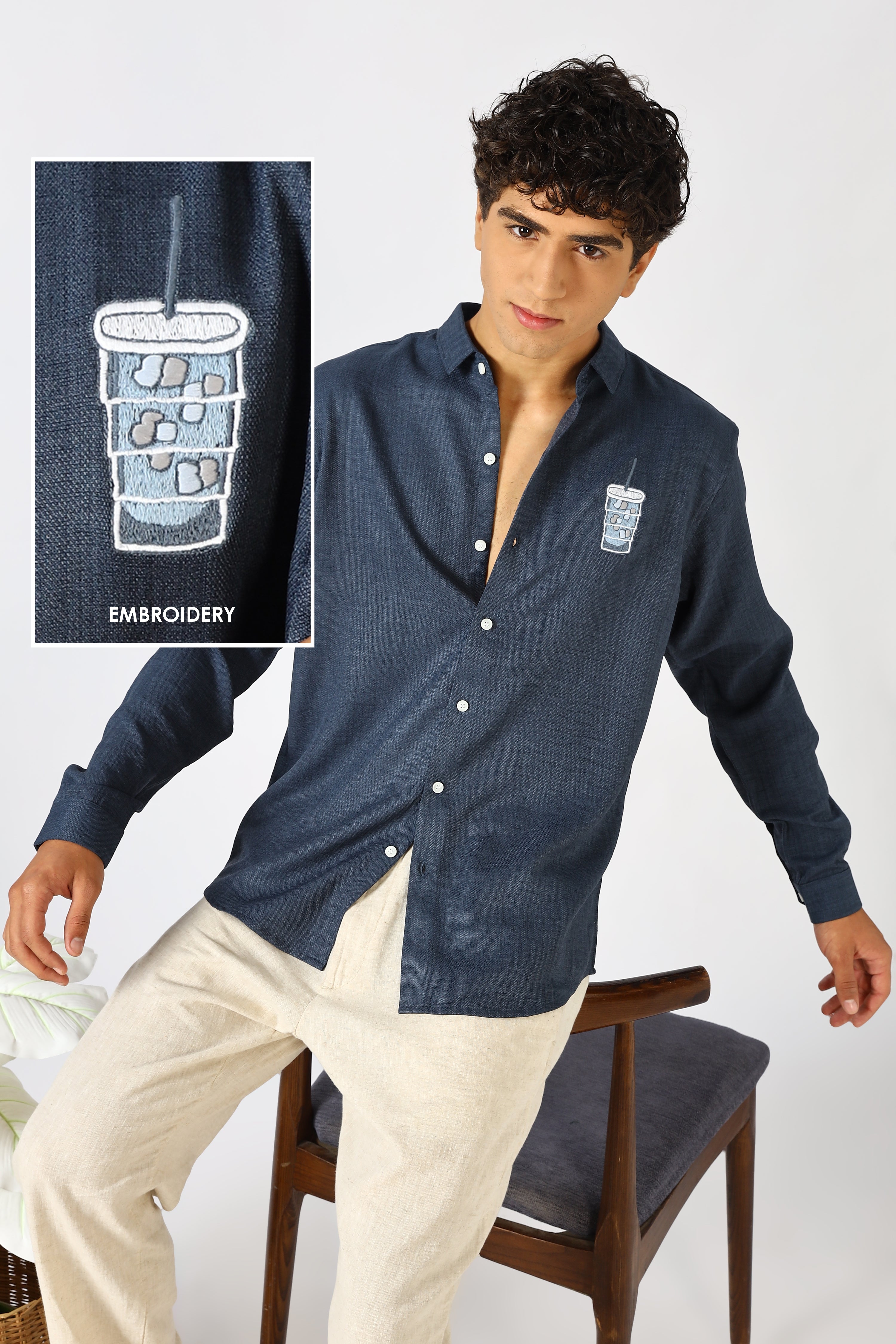 Iced Brew Navy Embroidered Cotton Shirt