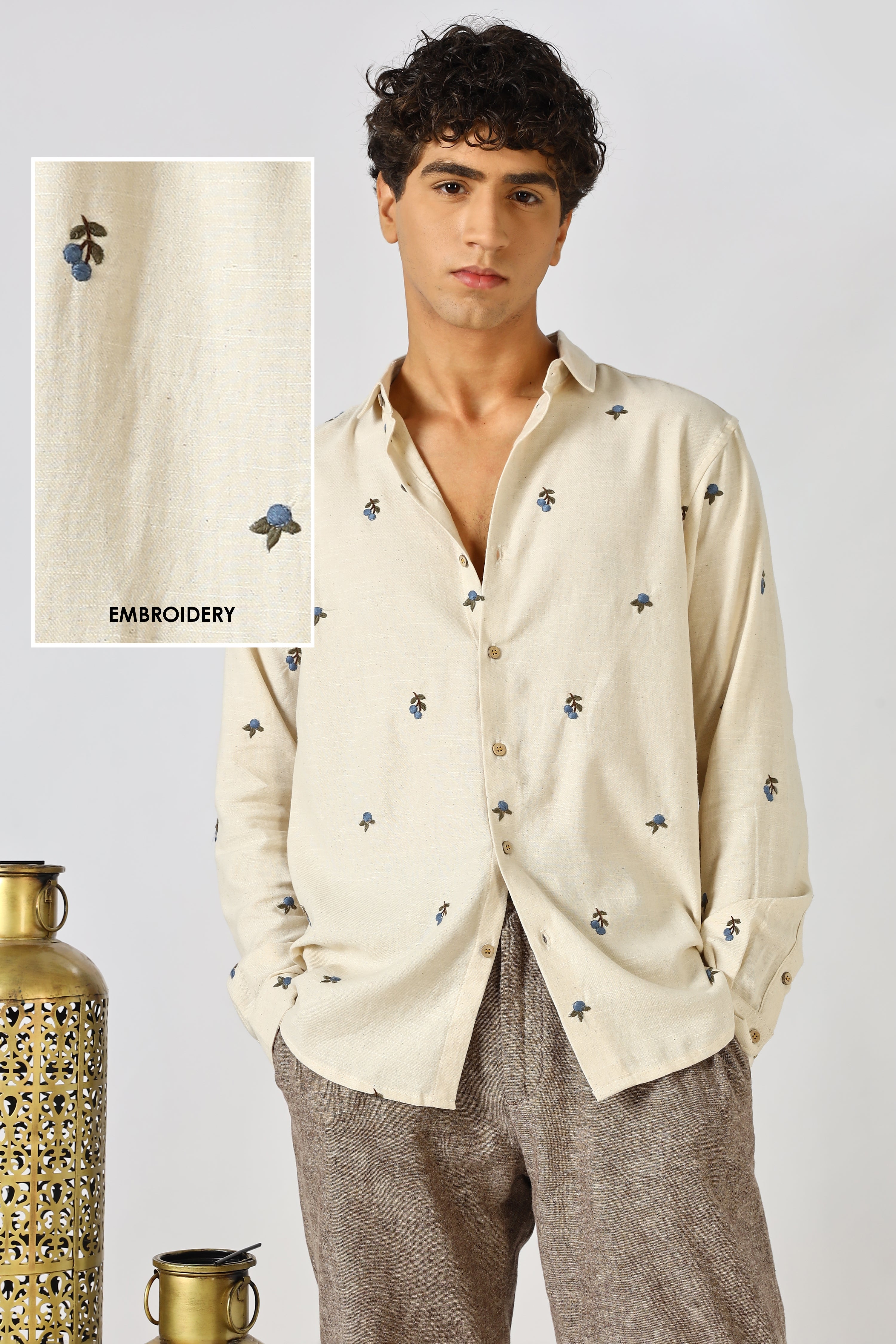 Ivory Blueberry Beige Embroidered Shirt