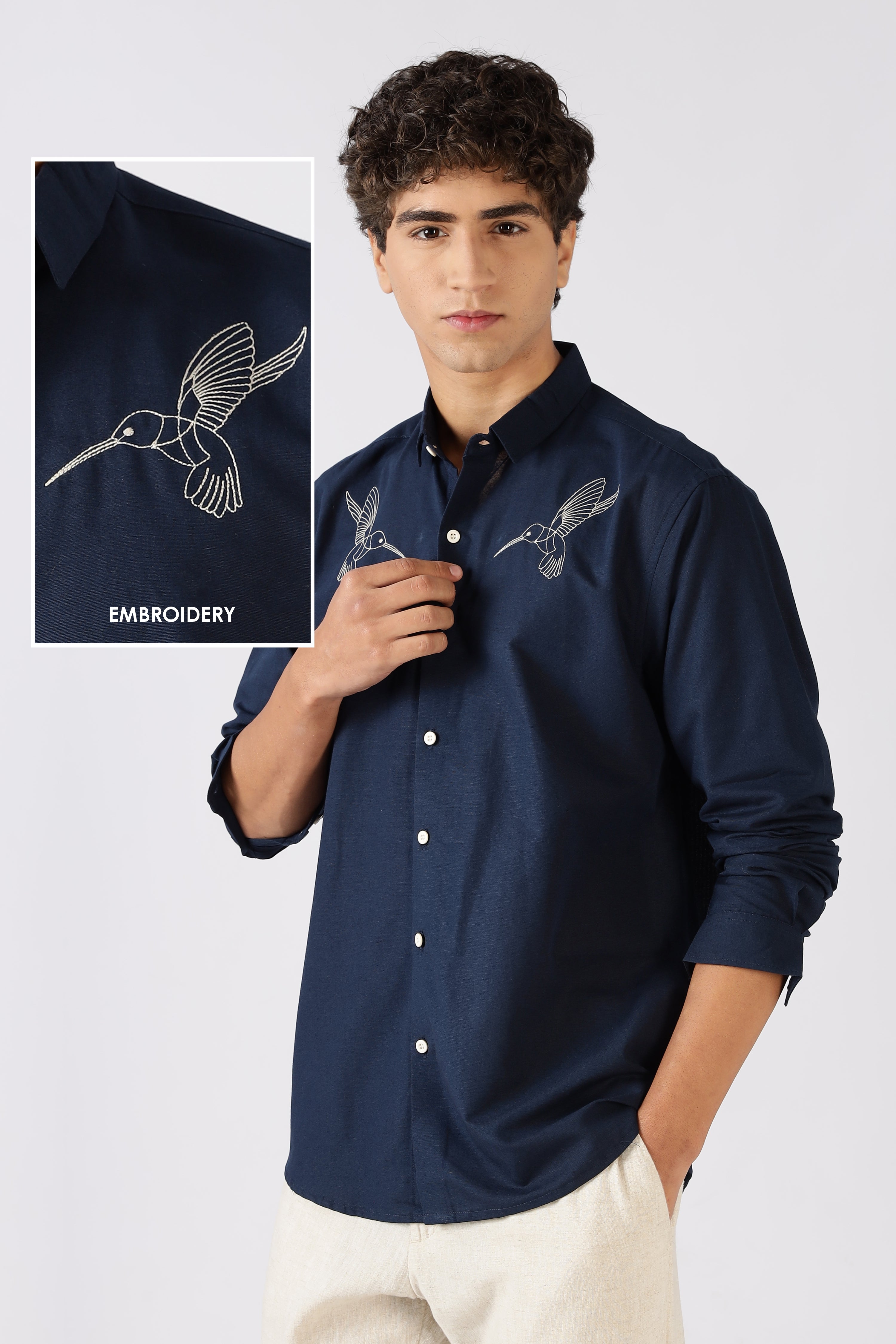 Hummingbird 100% Cotton Regular Fit Navy Embroidered Shirt