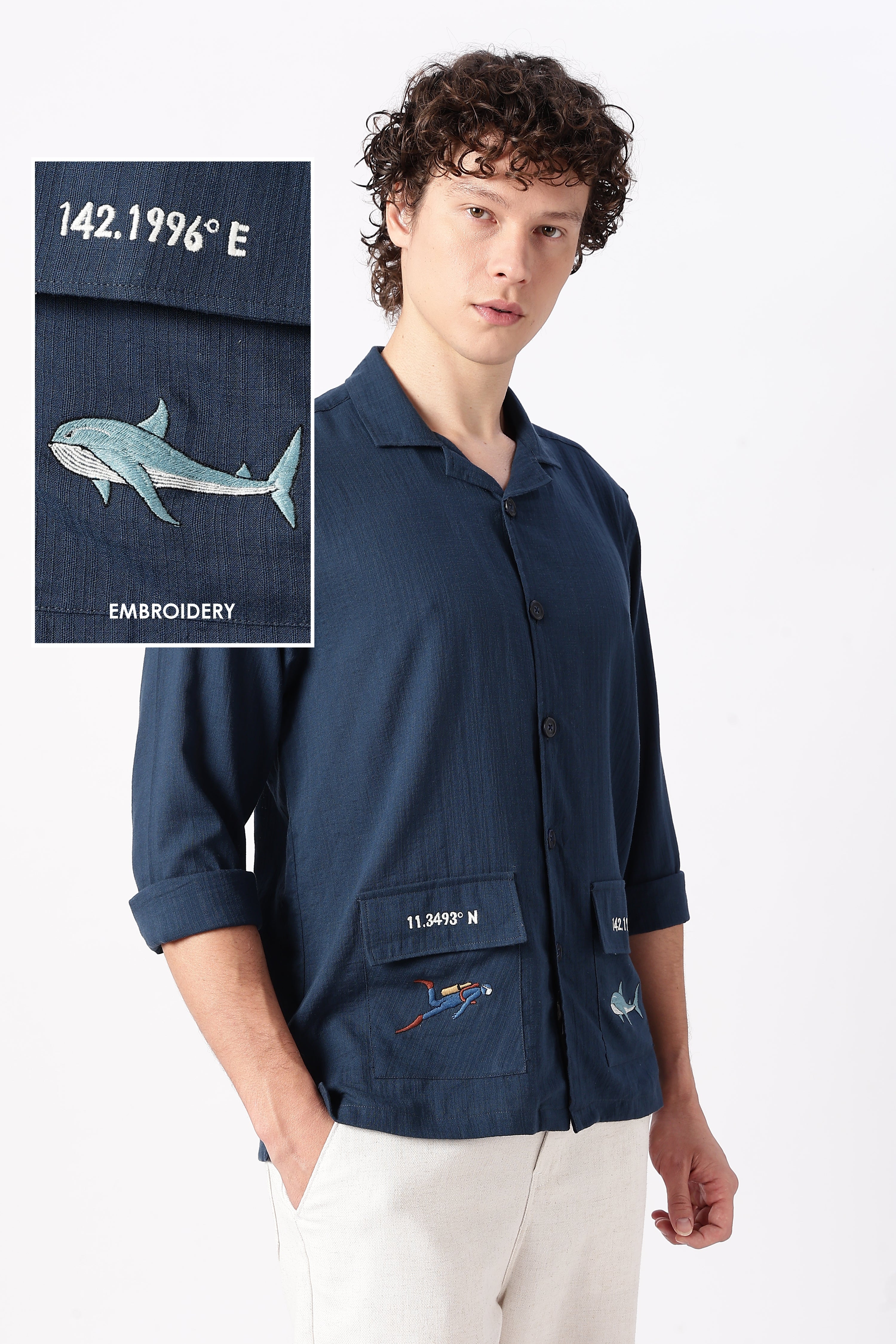 Ocean Coordinates Cotton Box Fit Navy Embroidered Shirt