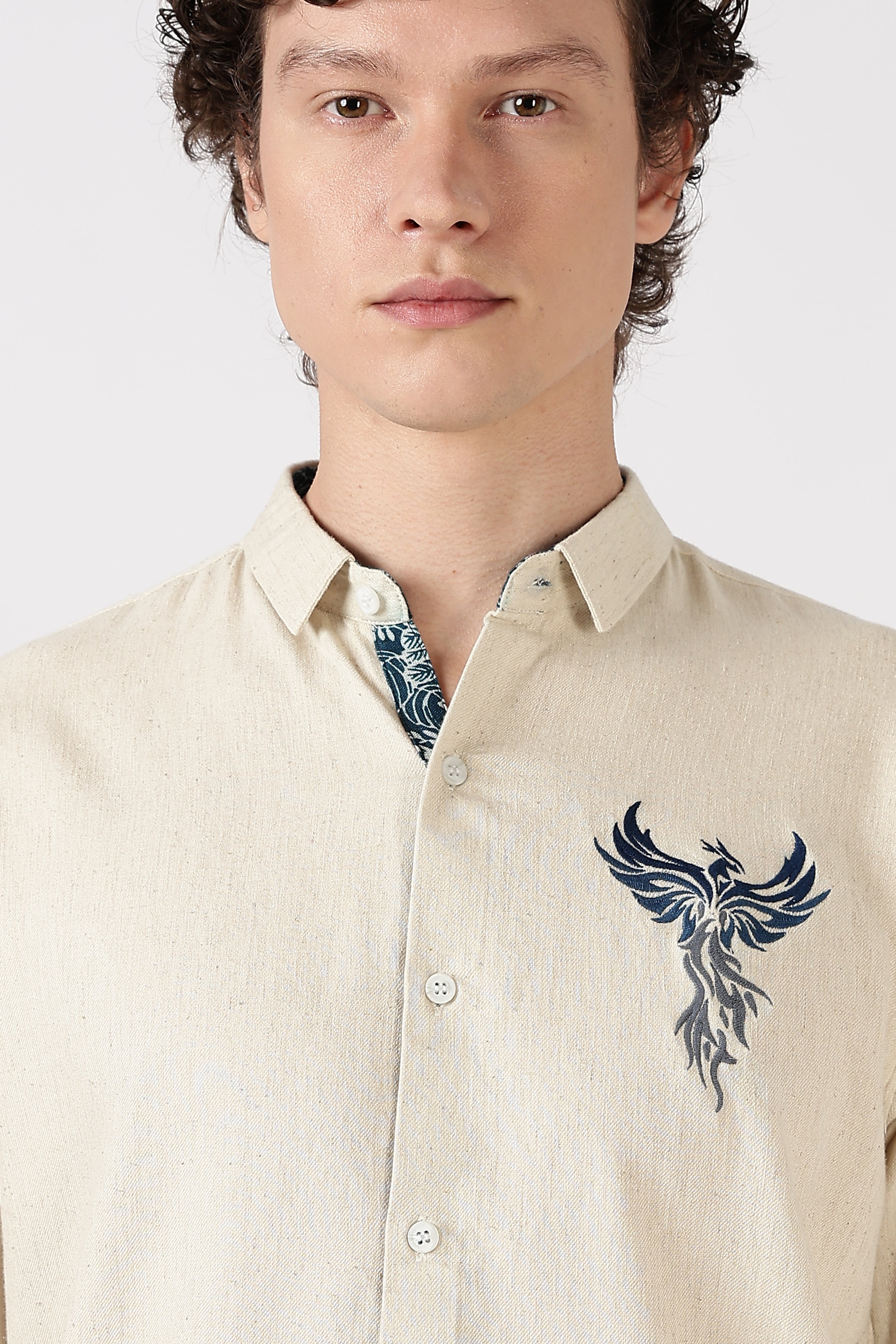 Phoenix Rise Cotton Regular Fit Beige Embroidered Shirt