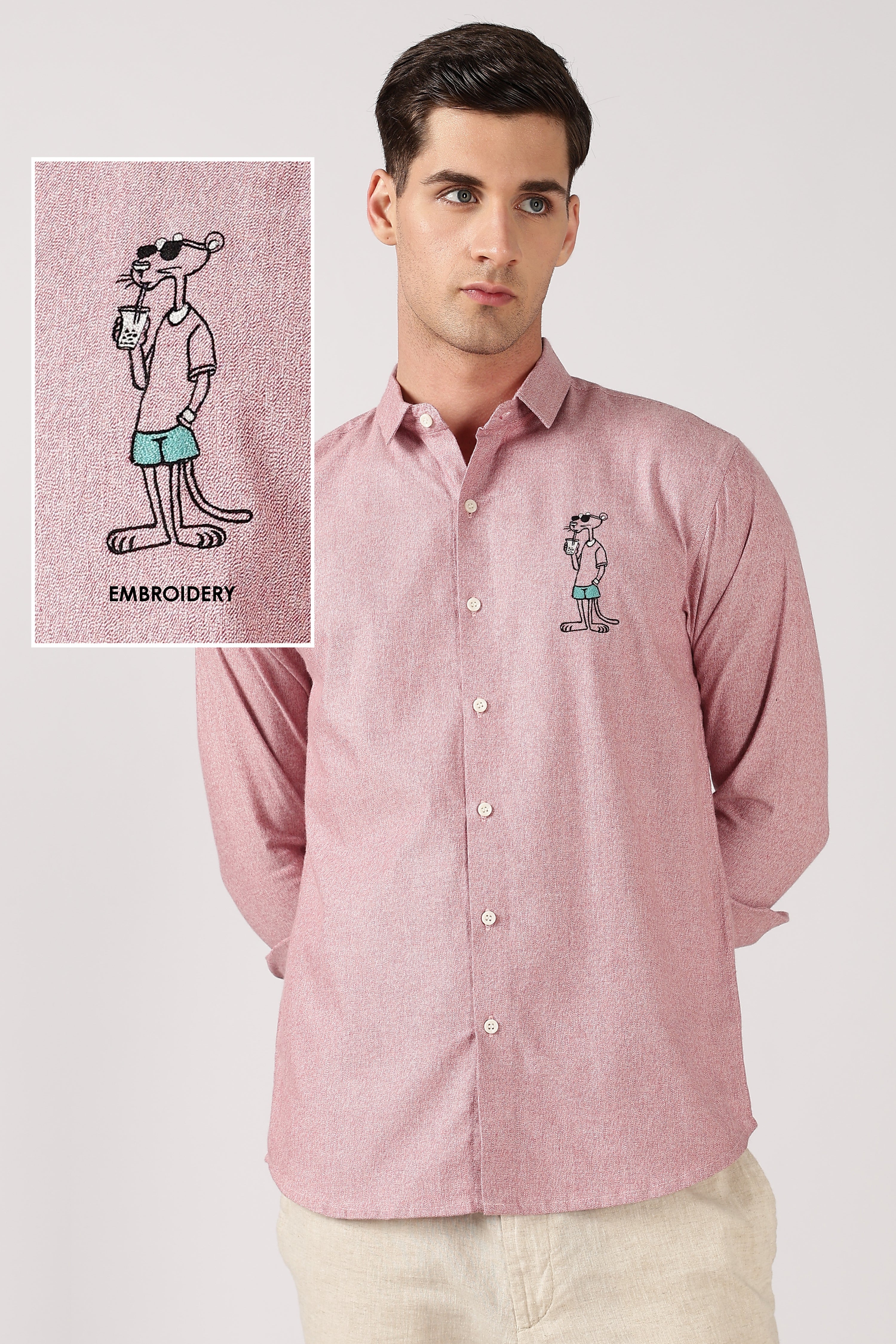 Soda Stroll Cotton Regular Fit Pink Embroidered Shirt