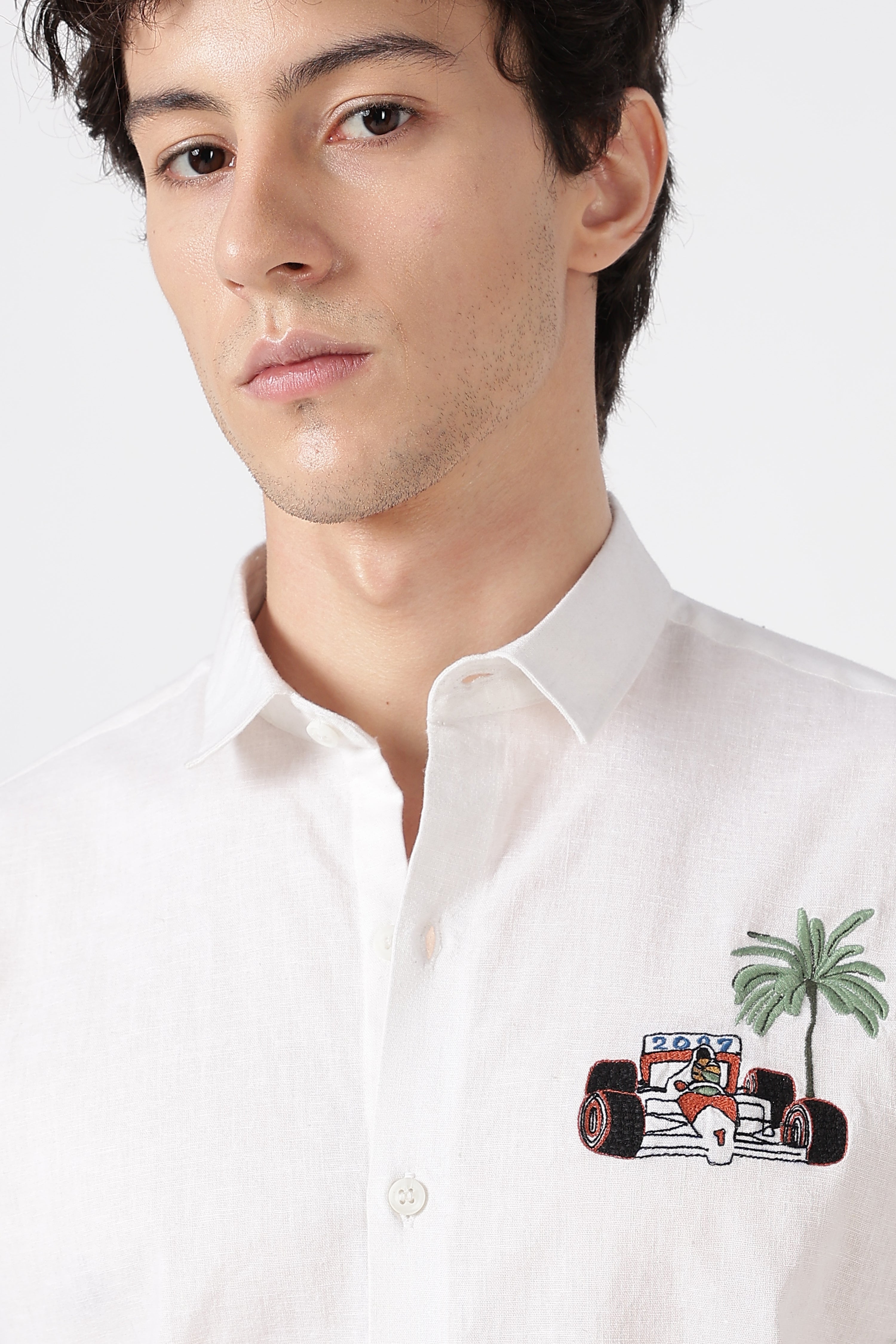 Monaco Circuit Cotton Regular Fit White Embroidered Shirt