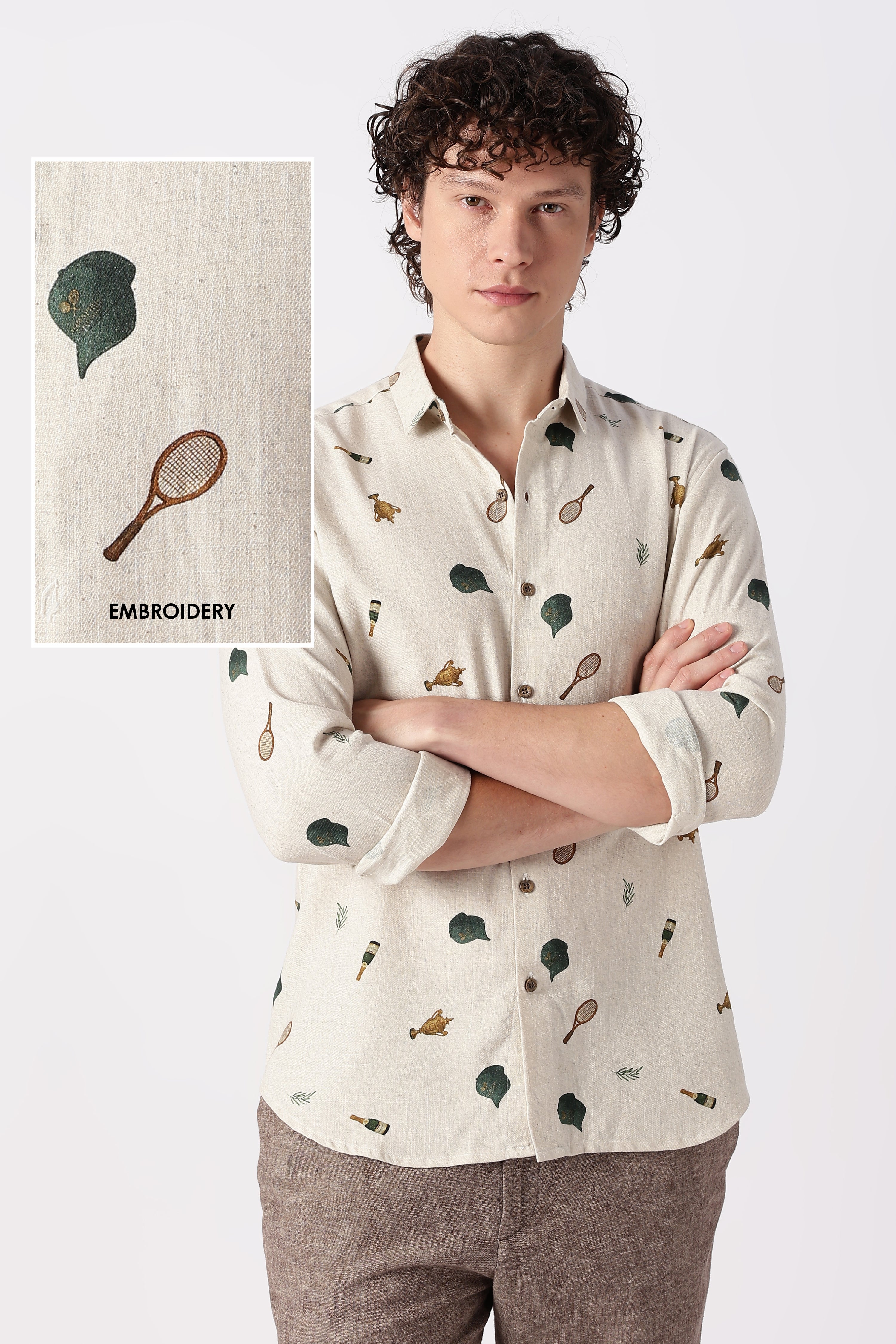 Clubhouse Story Cotton Regular Fit Beige Printed Shirt