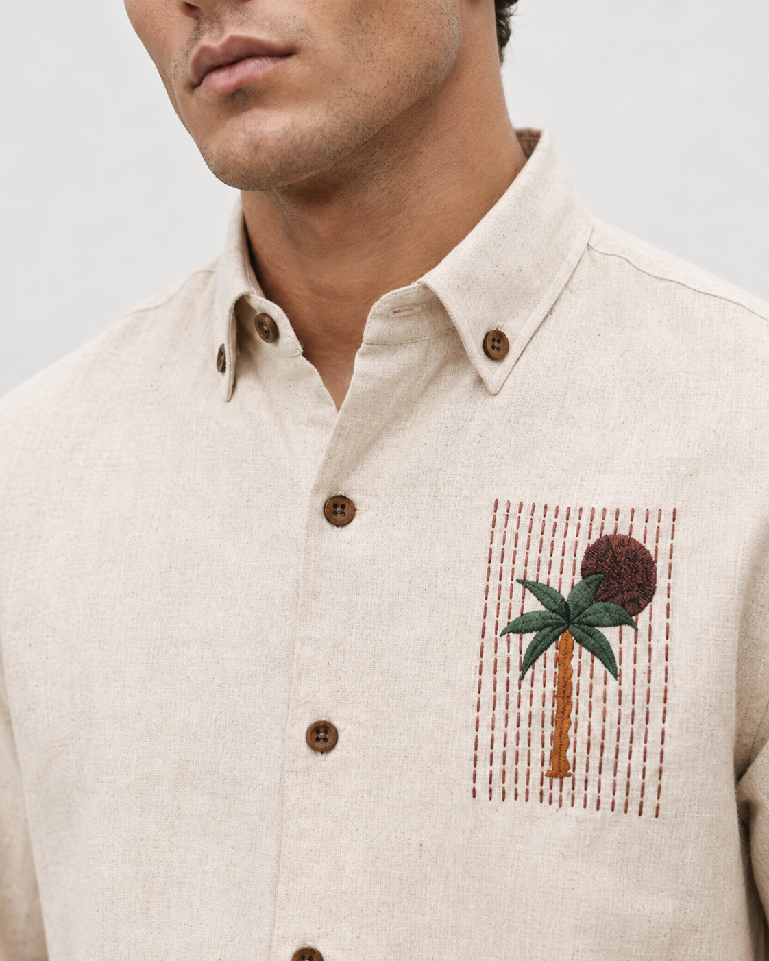 Palm Story Cotton Regular Fit Beige Embroidered Shirt
