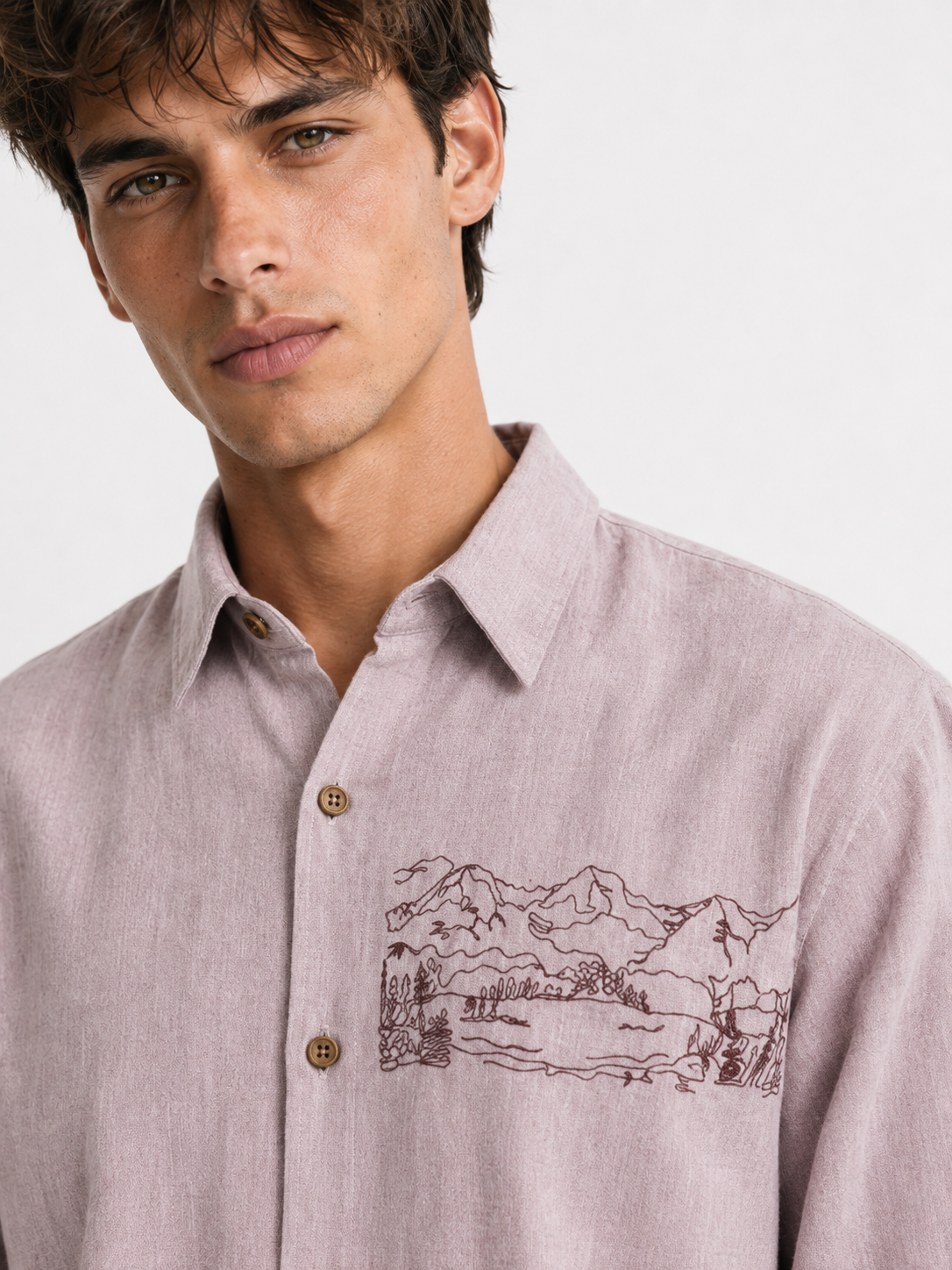 Mountain Escape Cotton Regular Fit Pink Embroidered Shirt
