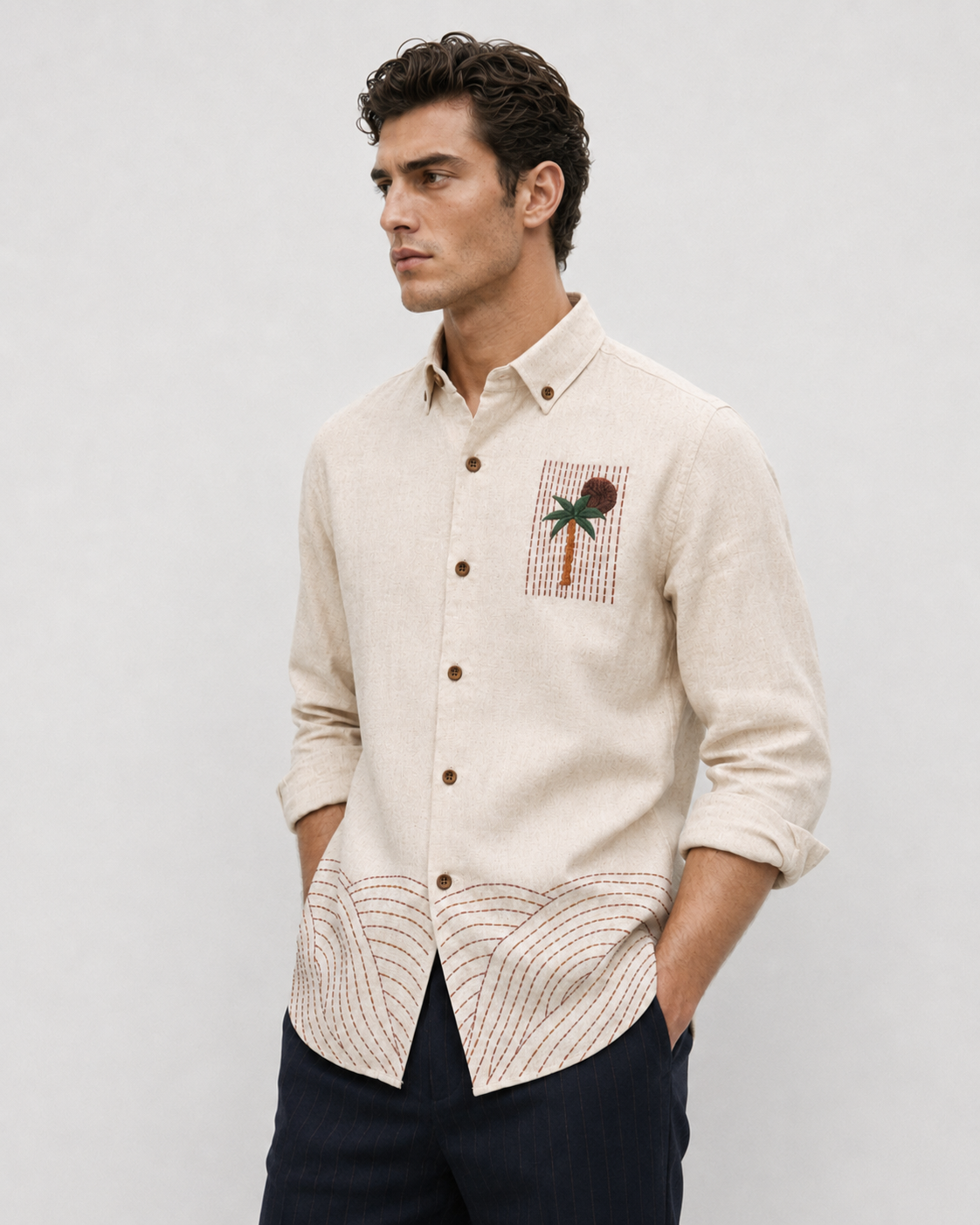 Palm Story Cotton Regular Fit Beige Embroidered Shirt