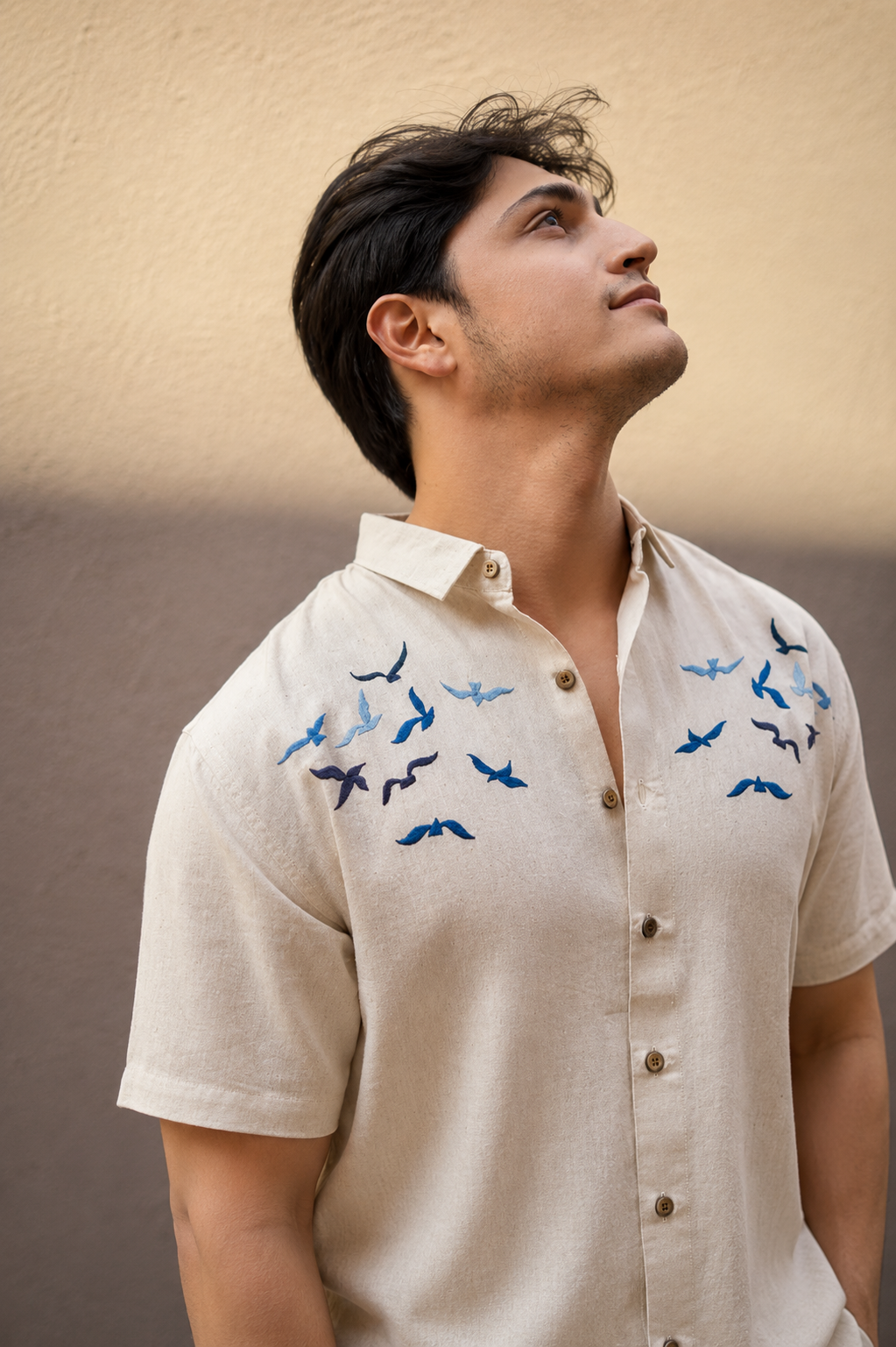 Internet's Viral Cotton Regular Fit Beige Half-Sleeve Embroidery Shirt