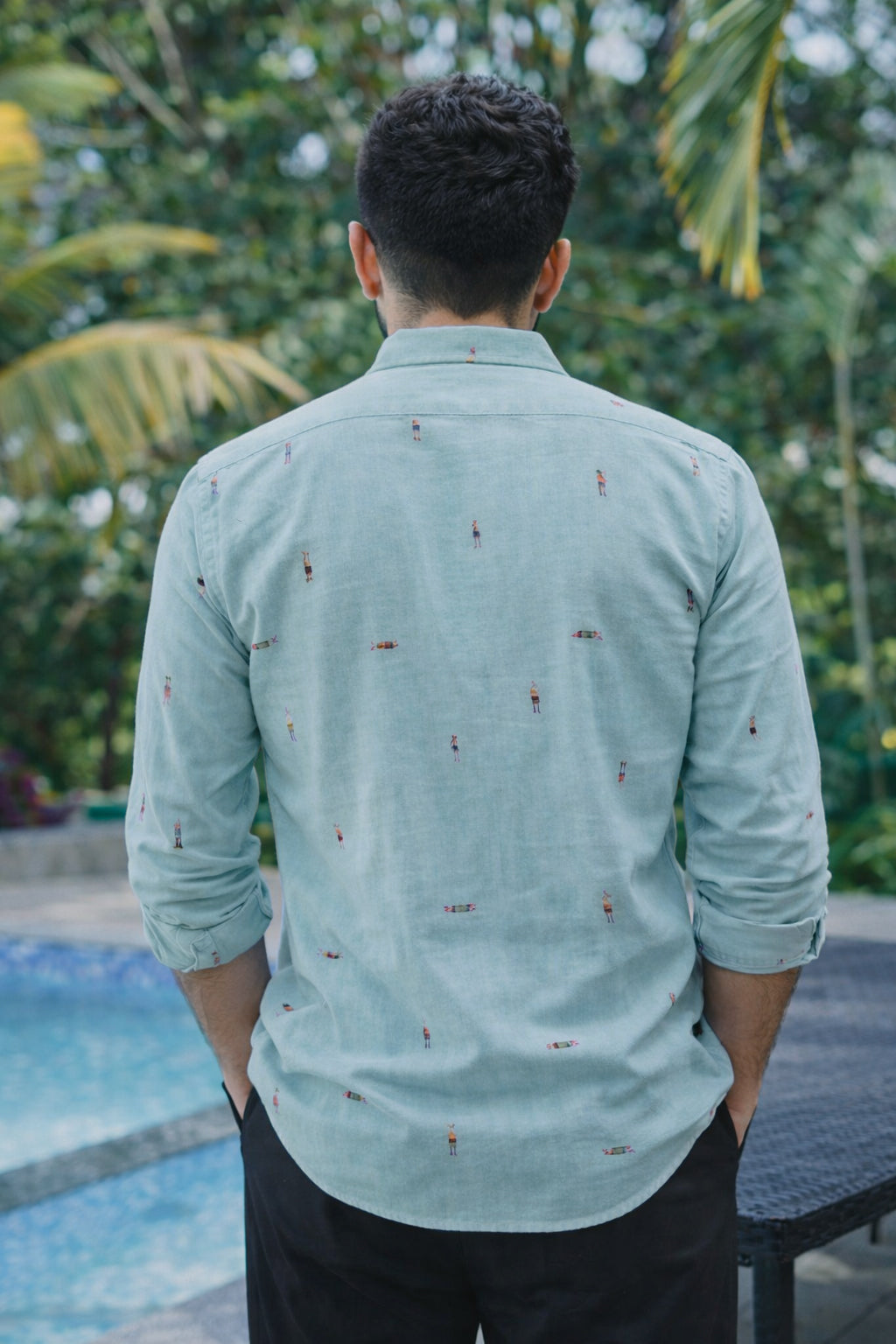 Aqua Beach Motif Embroidered Cotton Shirt