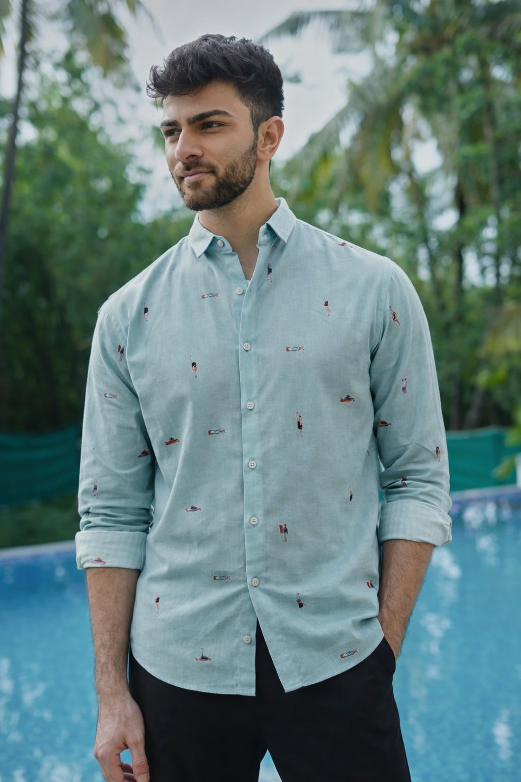 Aqua Beach Motif Embroidered Cotton Shirt