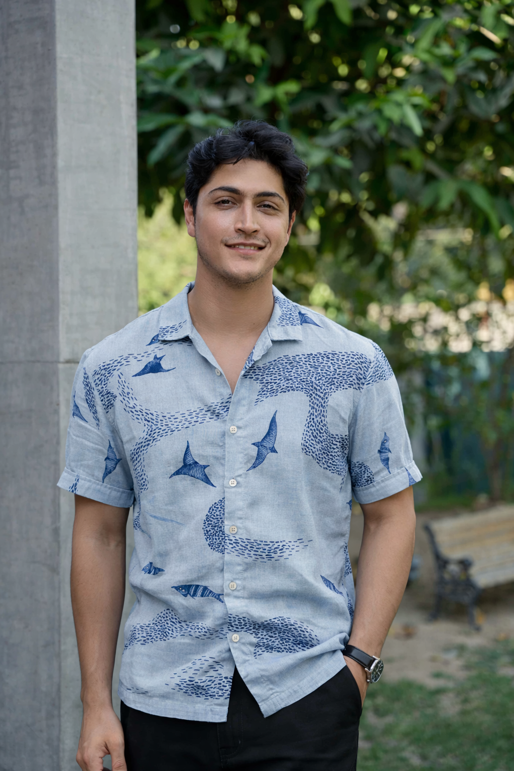 Blue Tide Marine Life Printed Cuban Collar Shirt