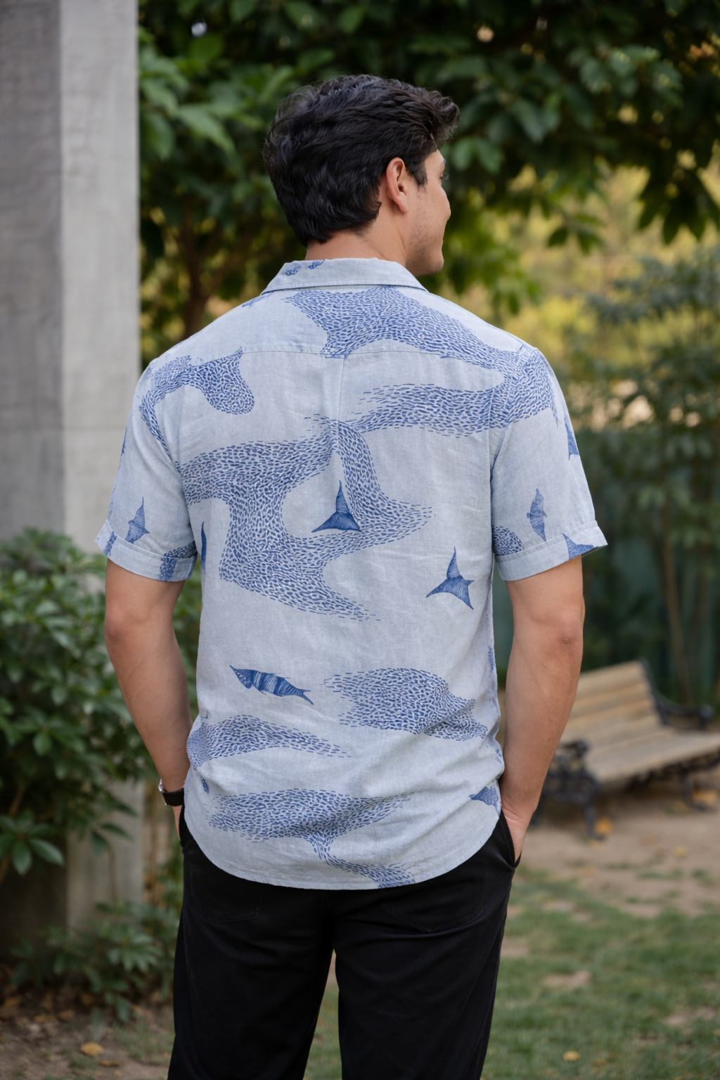 Blue Tide Marine Life Printed Cuban Collar Shirt