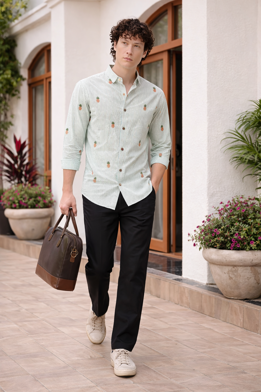Mint Pineapple Motif Embroidered Striped Shirt