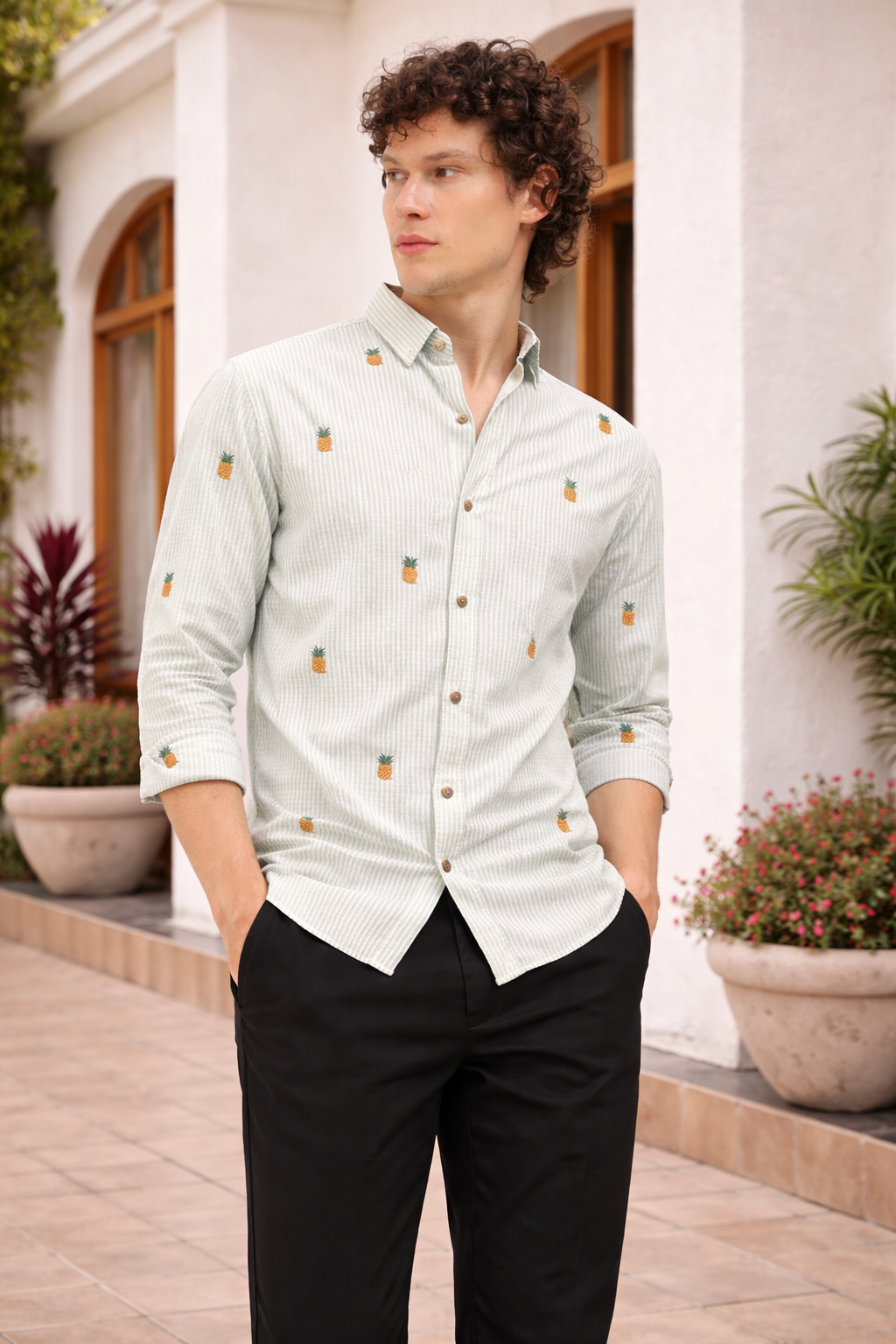 Mint Pineapple Motif Embroidered Striped Shirt