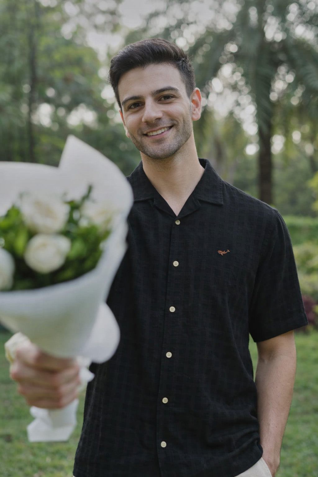 Black Textured Half-Sleeve Cuban Collar Shirt