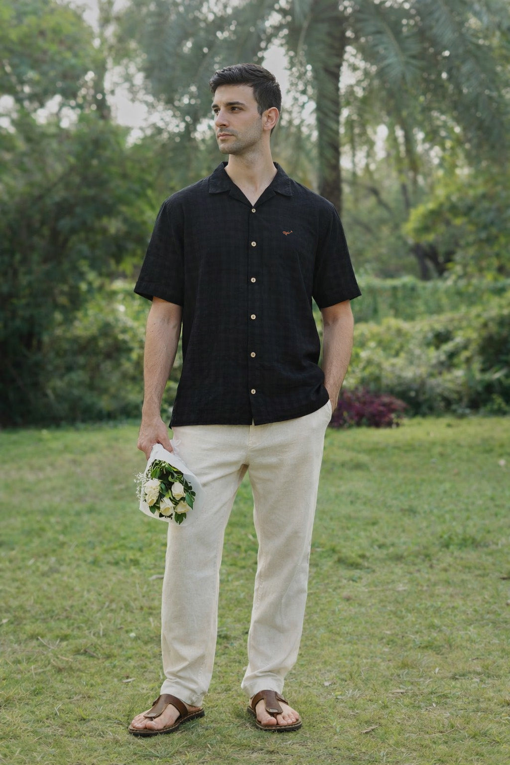 Black Textured Half-Sleeve Cuban Collar Shirt