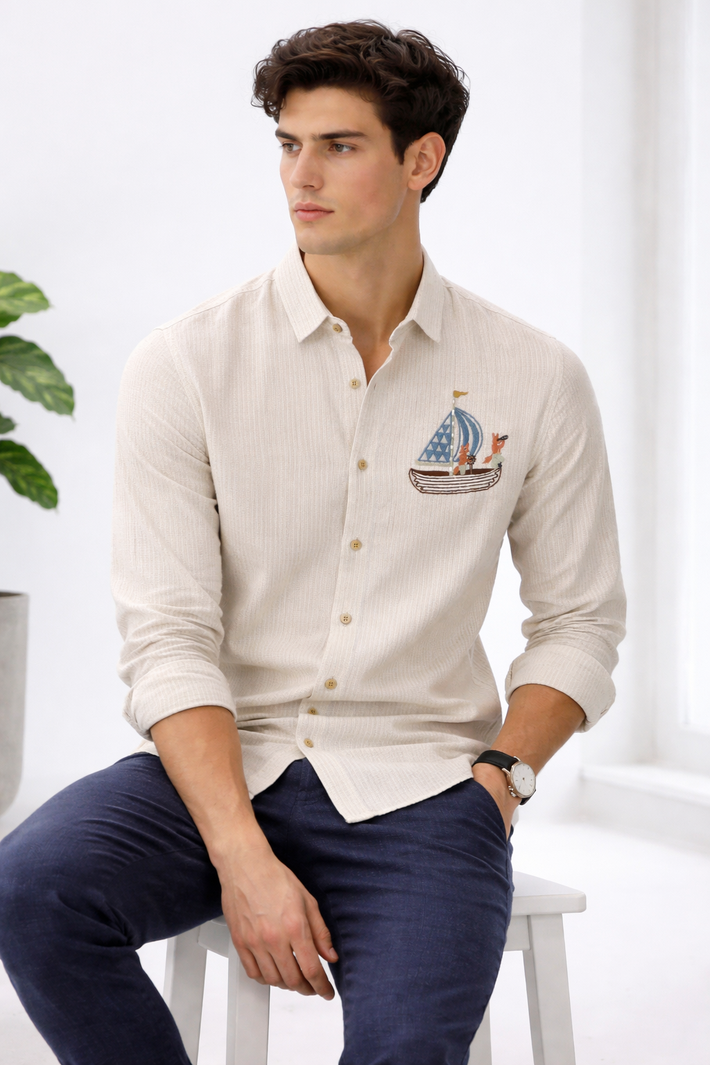 Vasco Da Gama Cotton Regular Fit Beige Embroidered Shirt