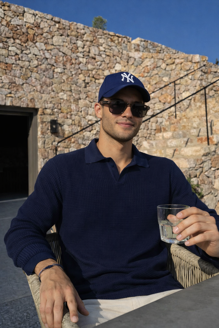 Midnight Grid Knit Navy Polo T-shirt
