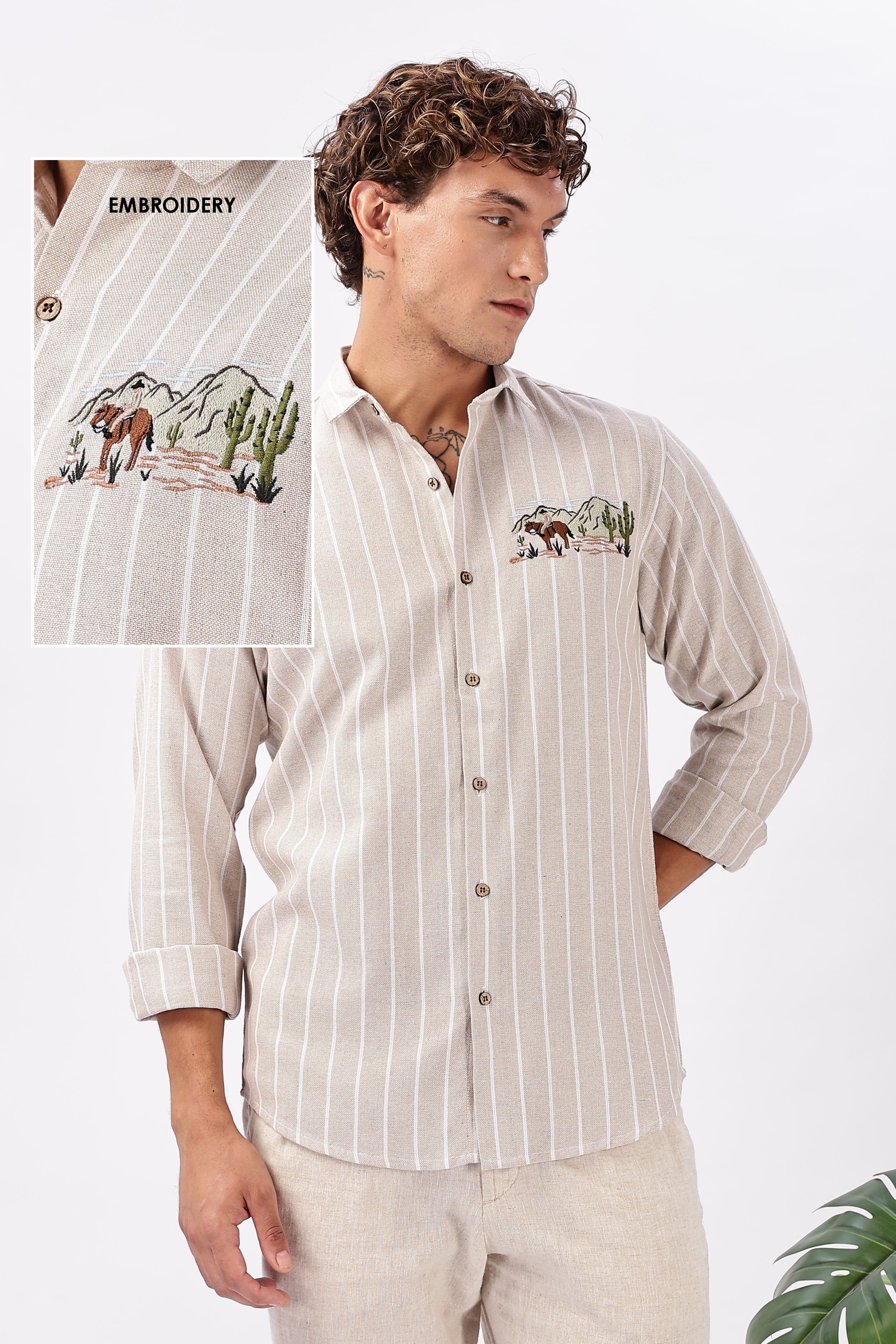 Desert Drift Cotton Regular Fit Beige Striped Shirt
