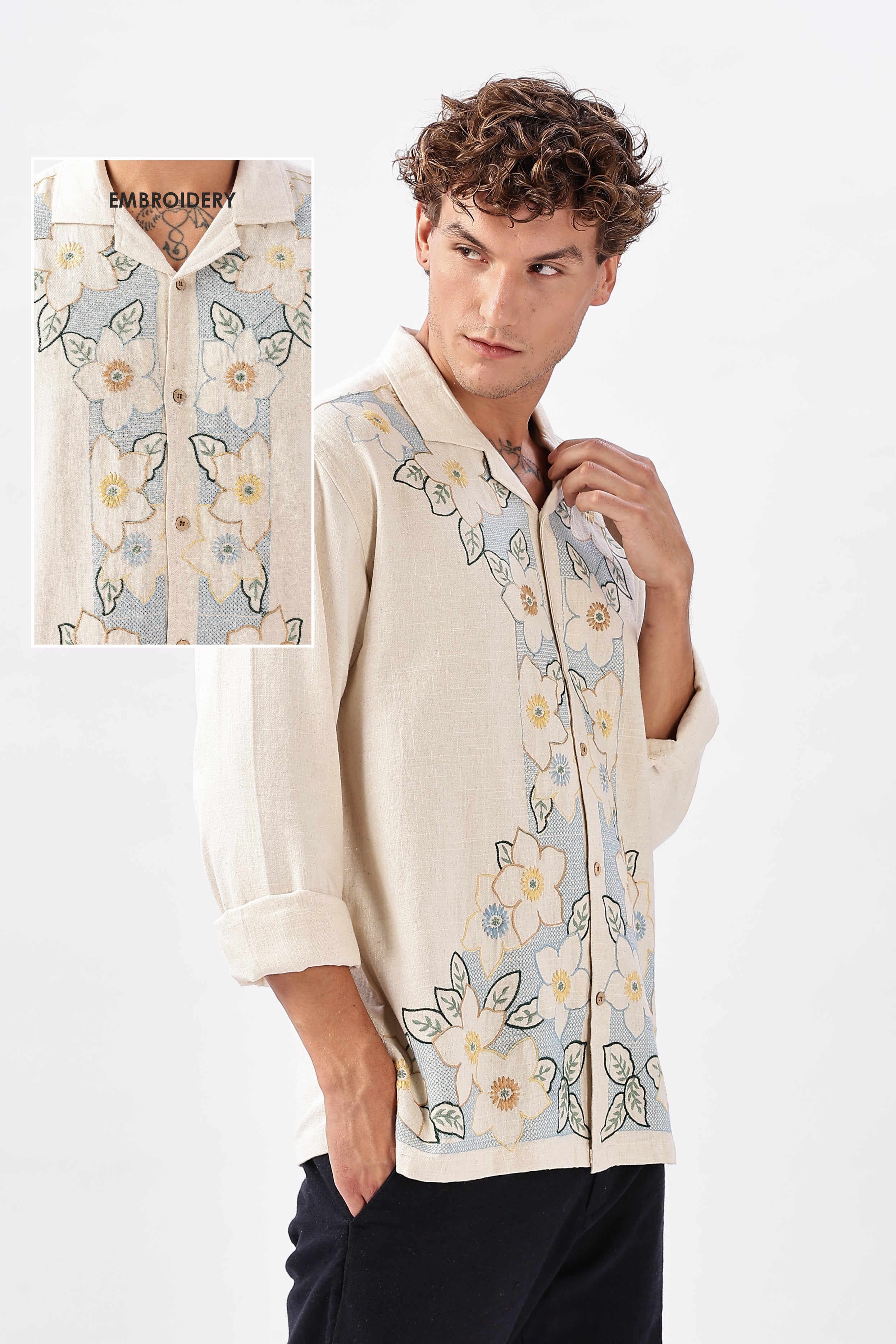 Bloomfield Lane Cotton Linen Embroidered Floral Shirt