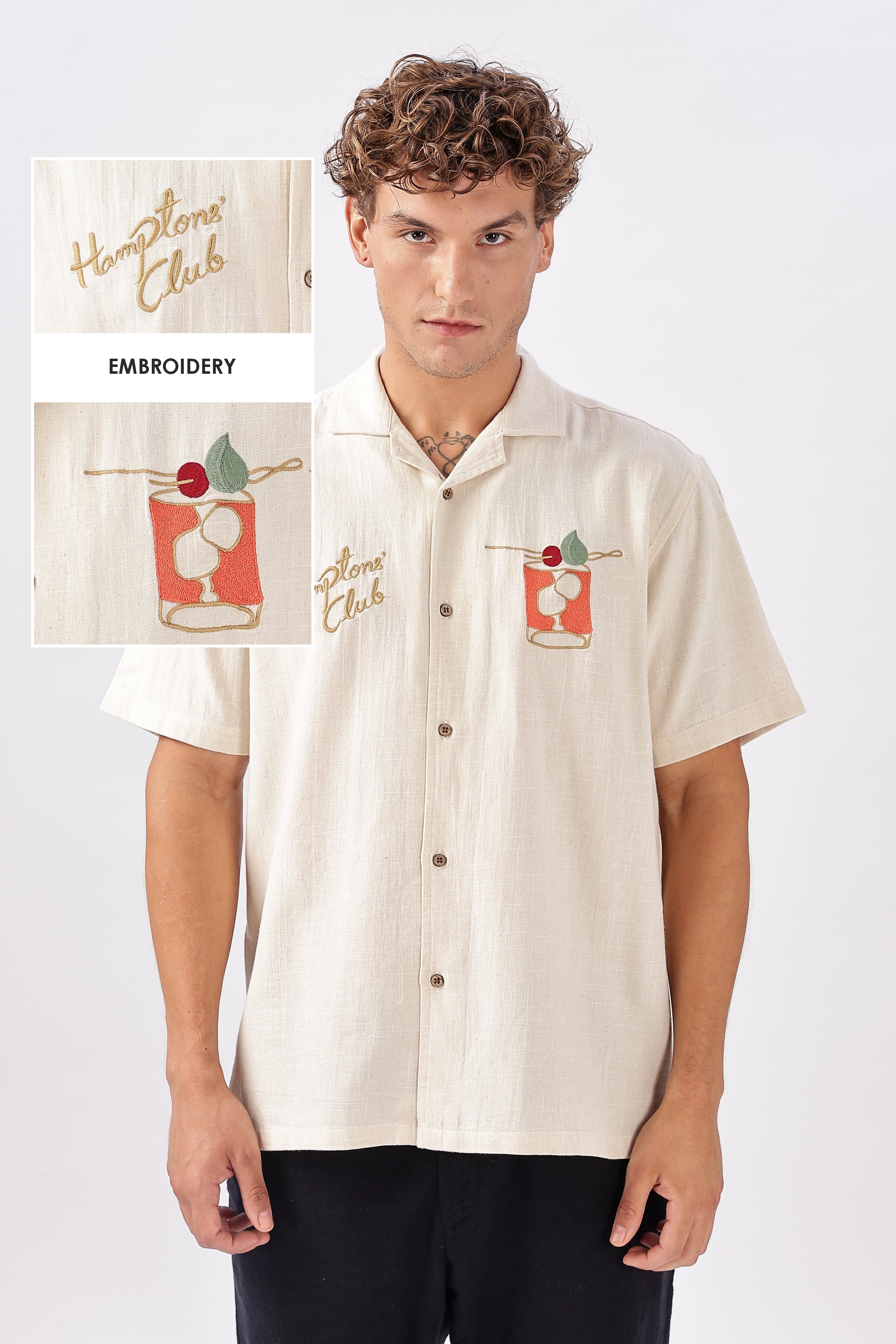 "Sunset Sips" Beige Club Embroidered Shirt