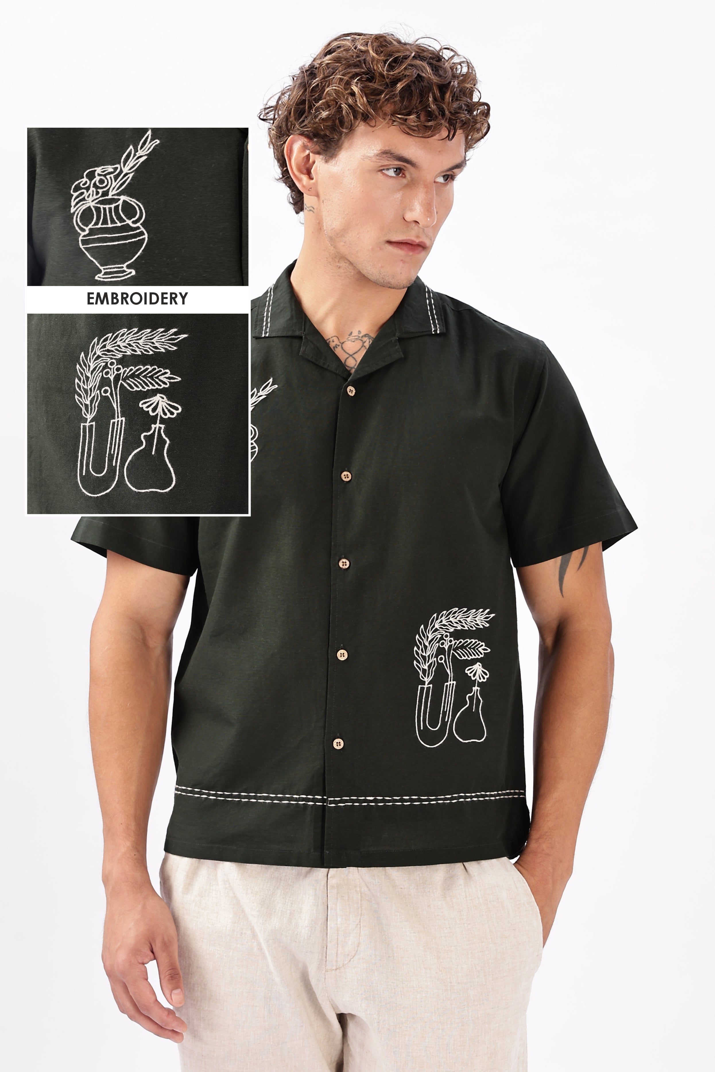 Still Life in Stitch Olive Embroidery Camp Shirt