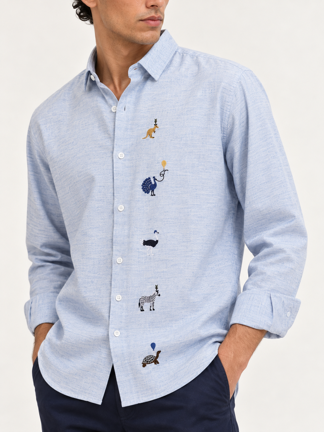 Safari Tales Animals Cotton Regular Fit Blue Embroidered Shirt