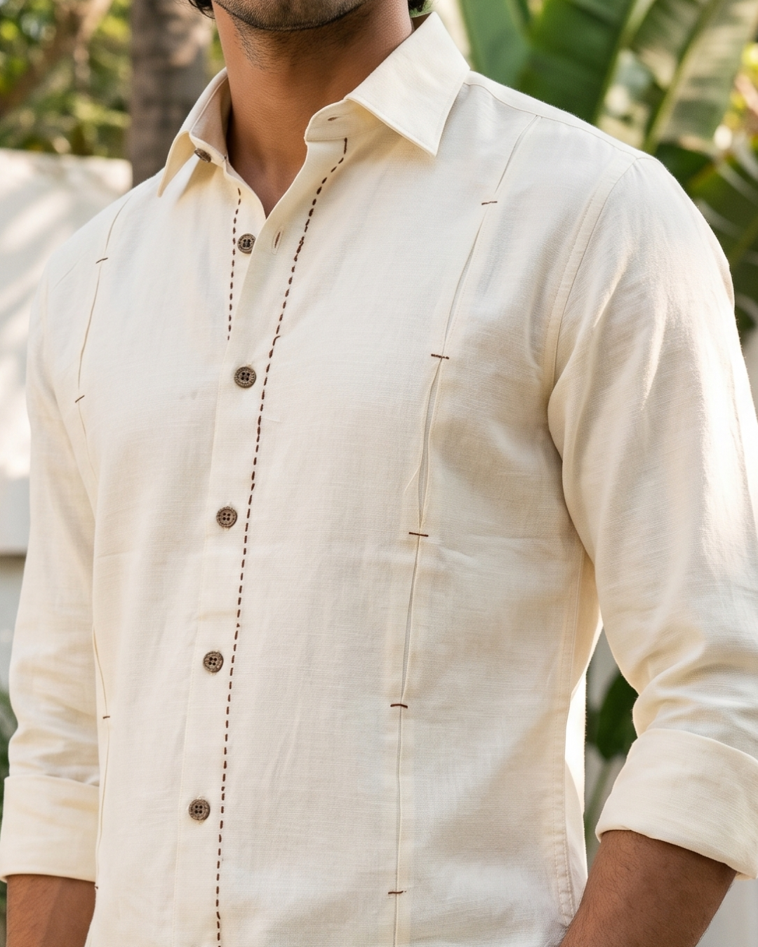 Pintuck Panels Butter Yellow - Contrast Buttons And Chawal Takka Stitch Shirt