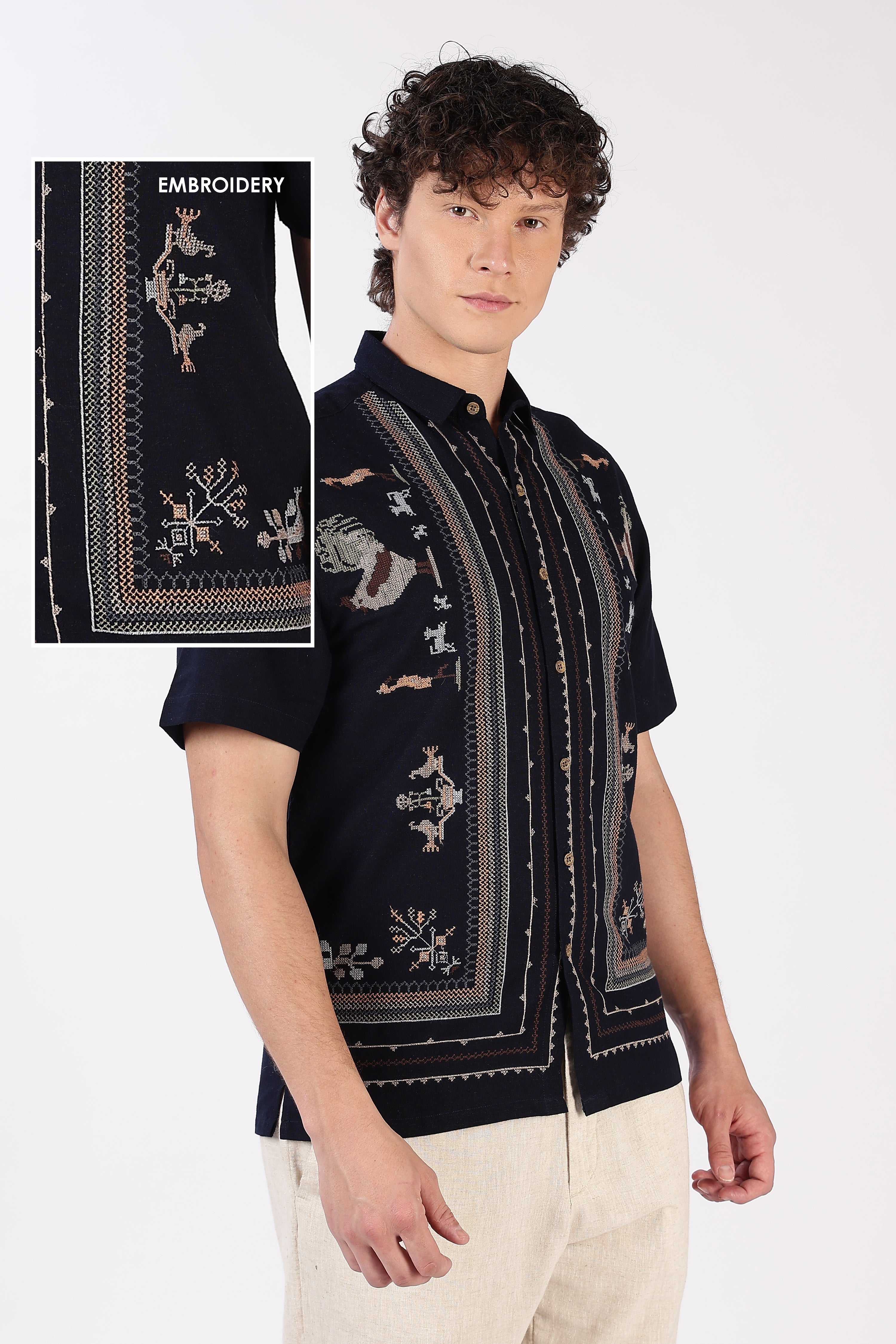 Sands of Sahara Cotton Box Fit Navy Blue Embroidered Shirt