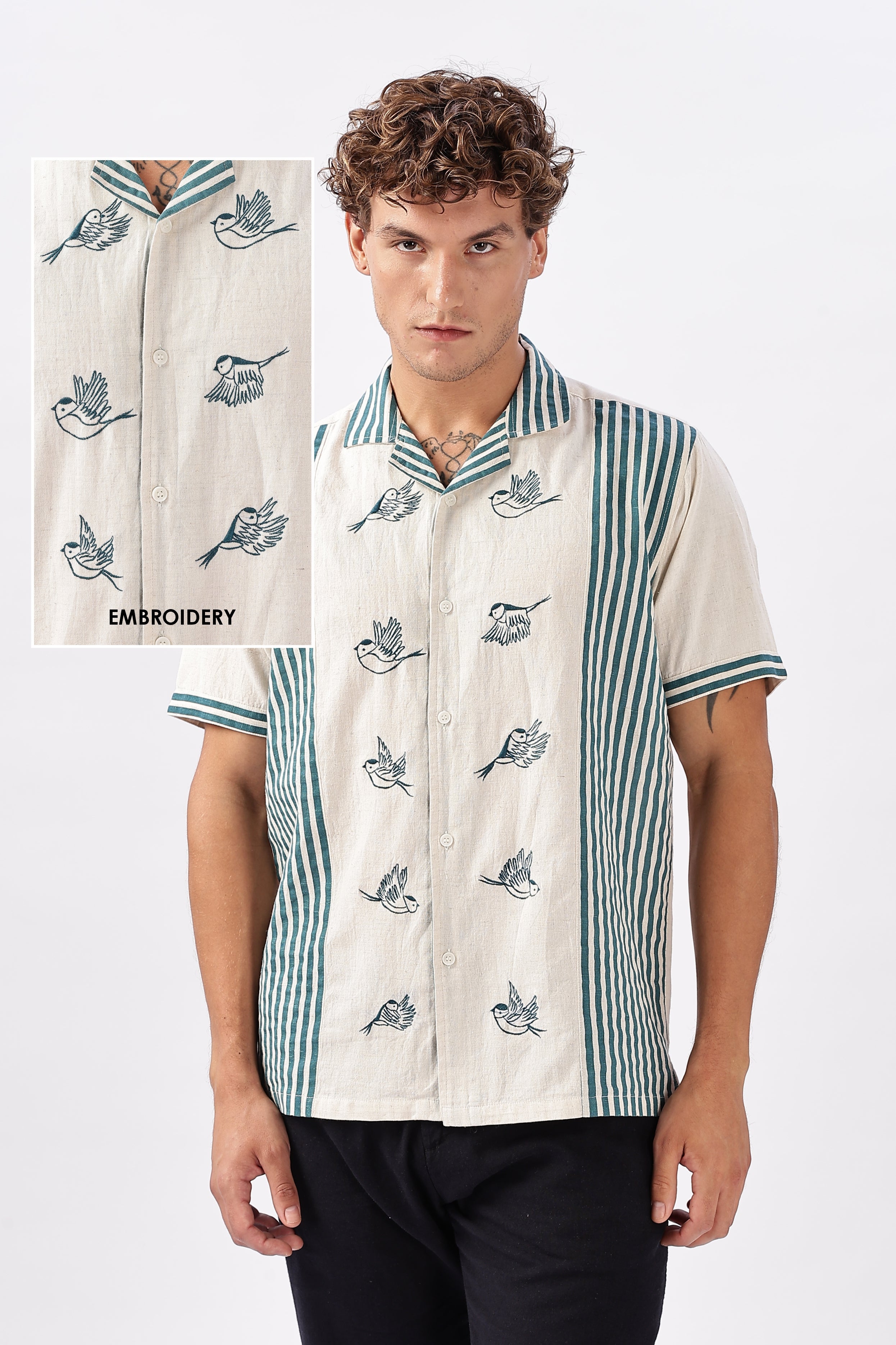 Soaring Sparrow Cotton Regular Fit Beige Embroidered Shirt