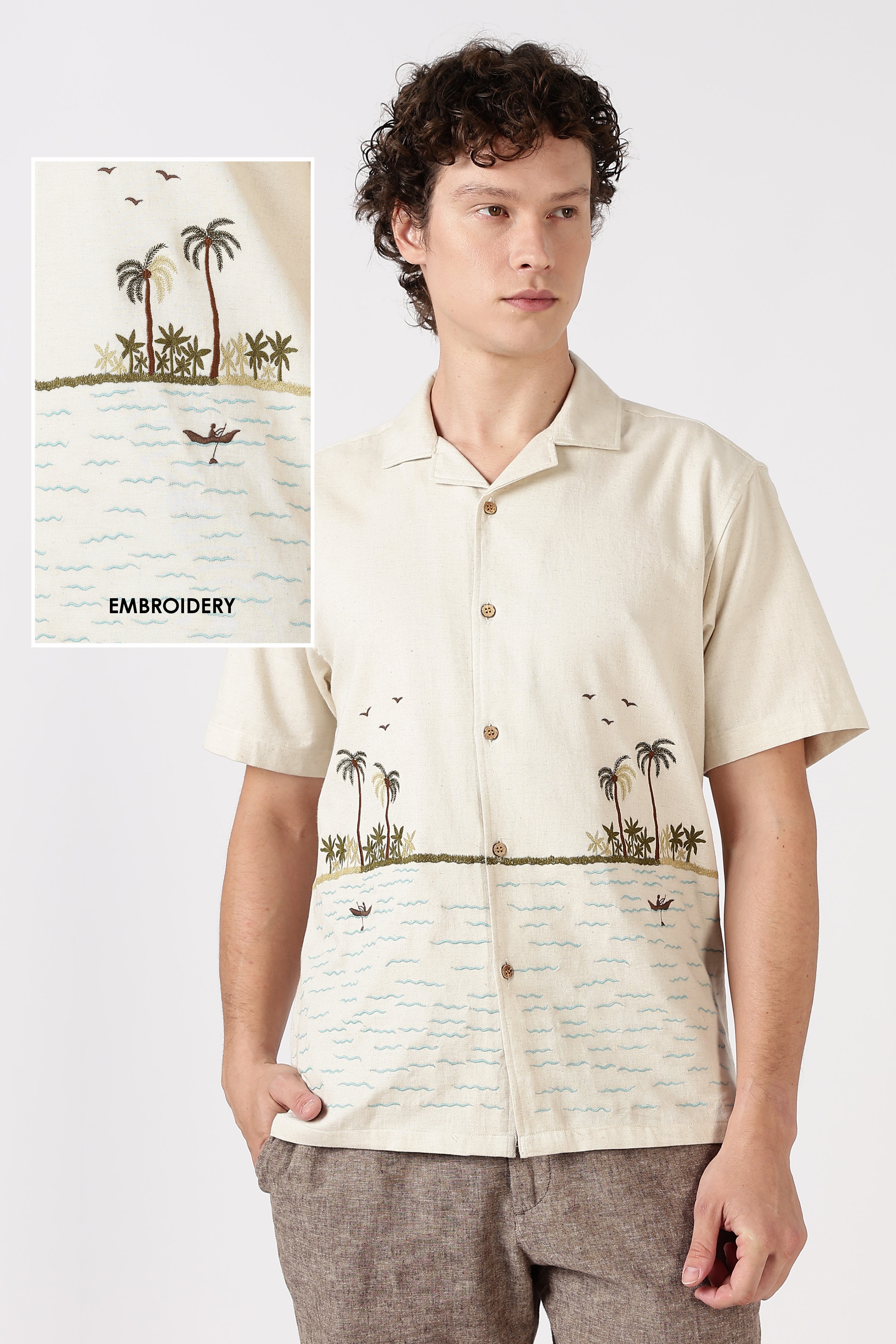 Coastal Reverie Cotton Box Fit Cream Embroidered Shirt
