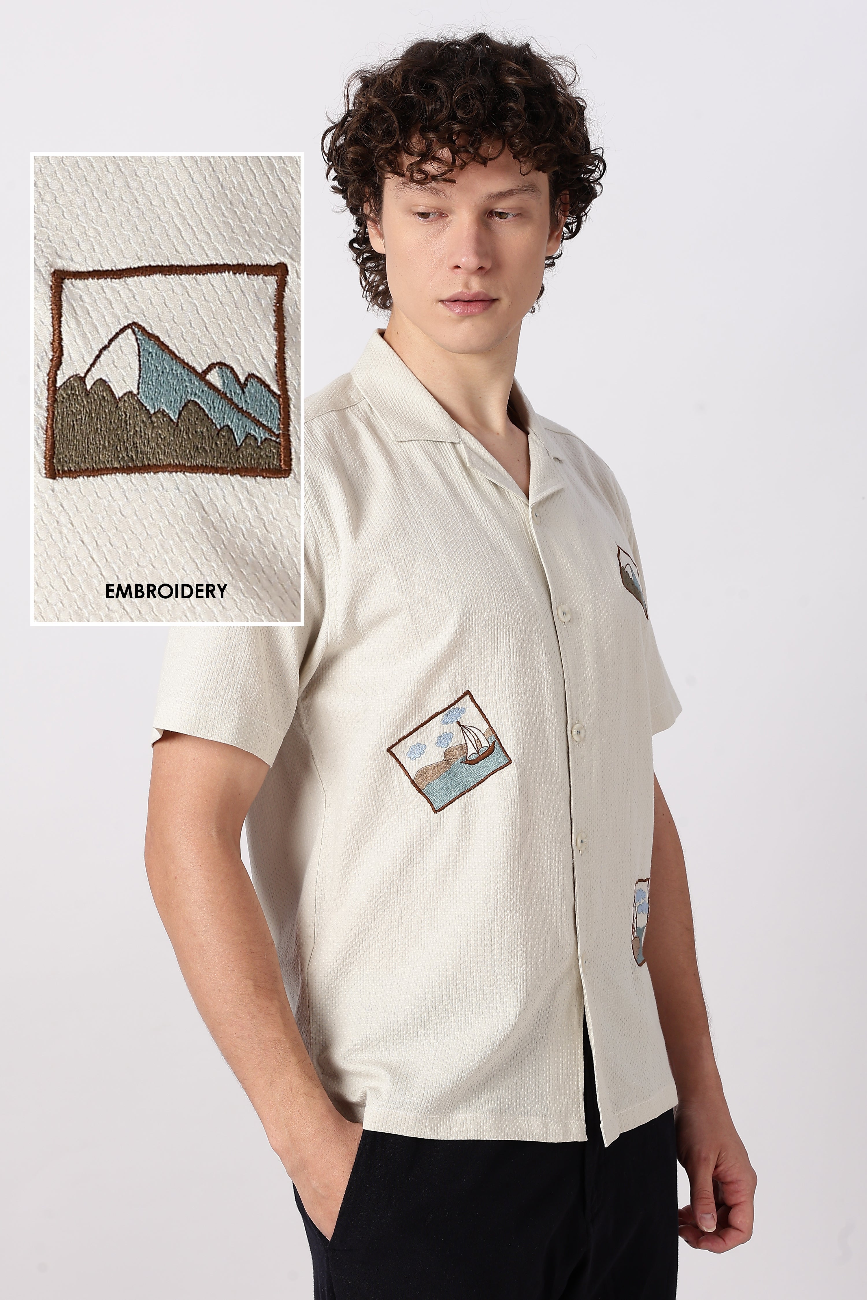 Minimal Scenic Cotton Box Fit Cream Embroidered Shirt
