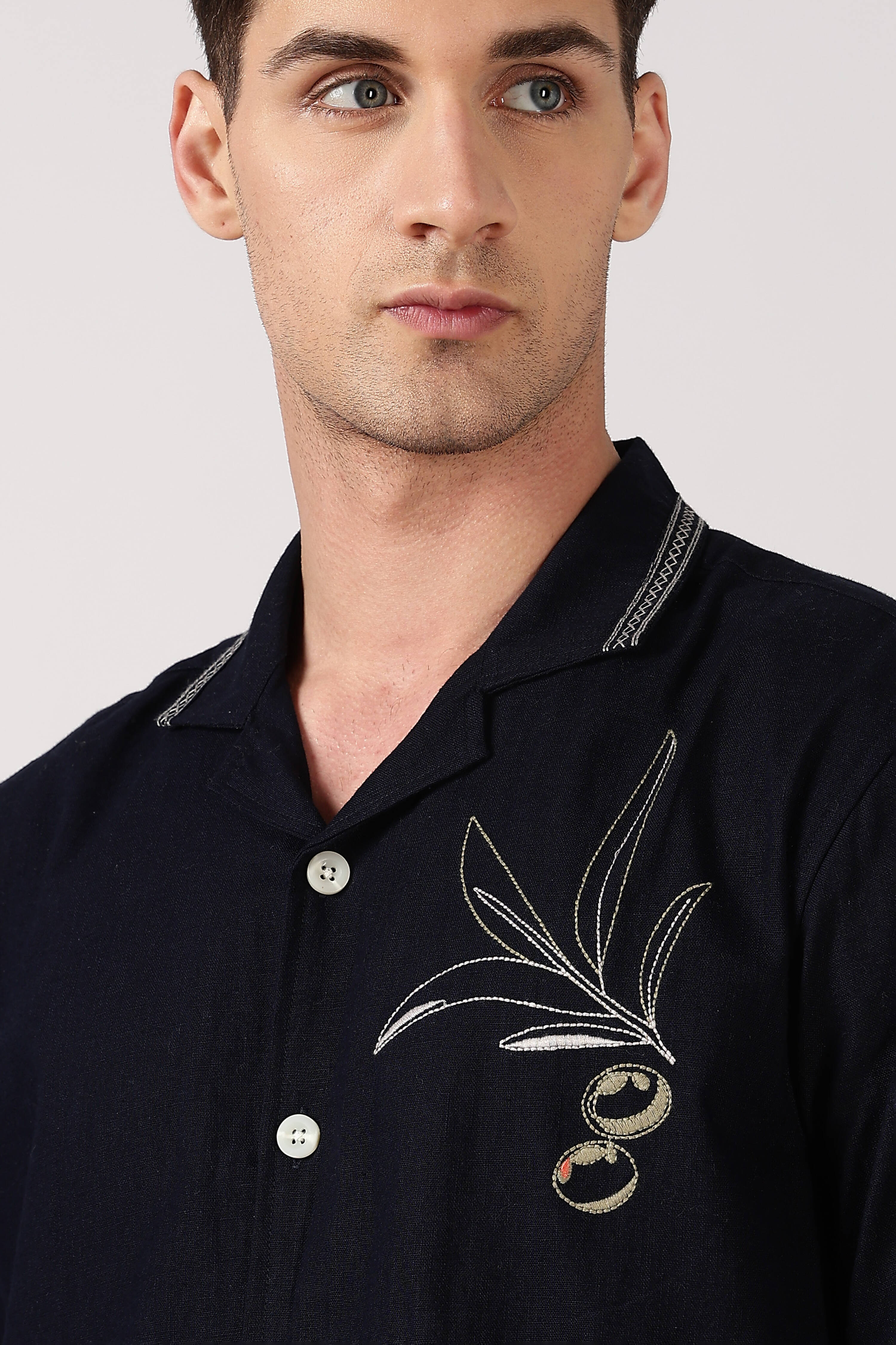 Olive Branch Cotton Box Fit Blue Embroidered Shirt